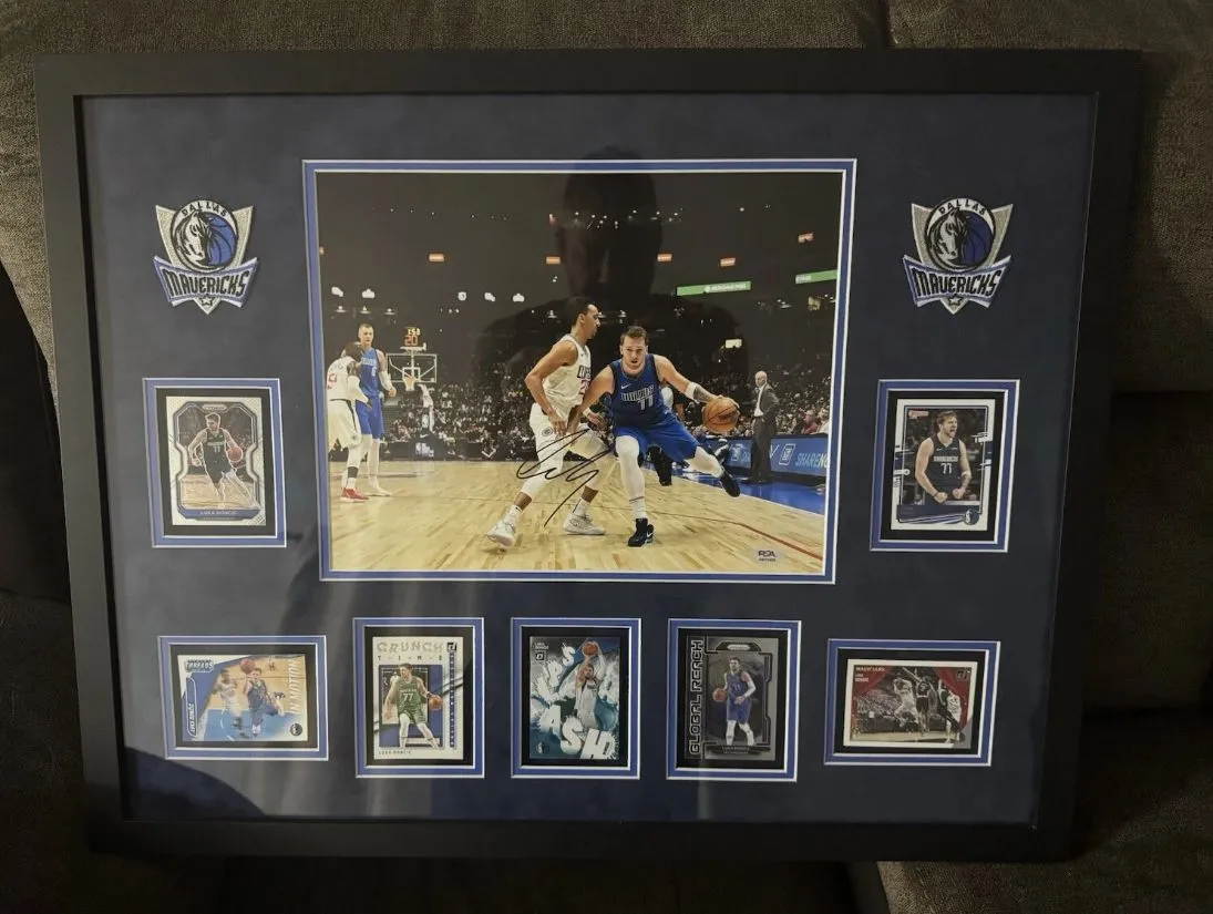 Product image for Autographed Luka Doncic Autographed with Card Montage 27x21 | PSA Cert