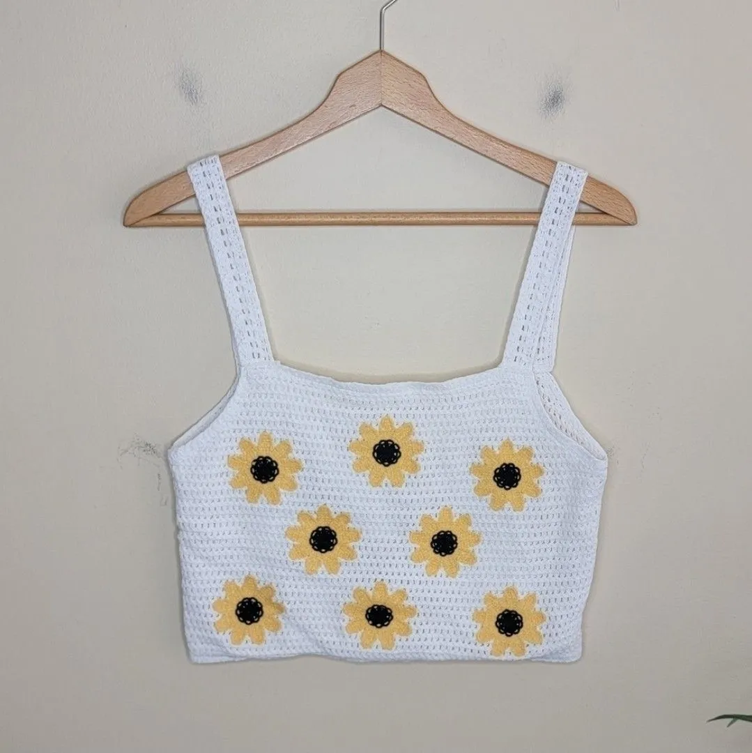 Product image for 055. NWT Altar'd State | White Yellow Sunflower Floral Crochet Cropped Tank Top