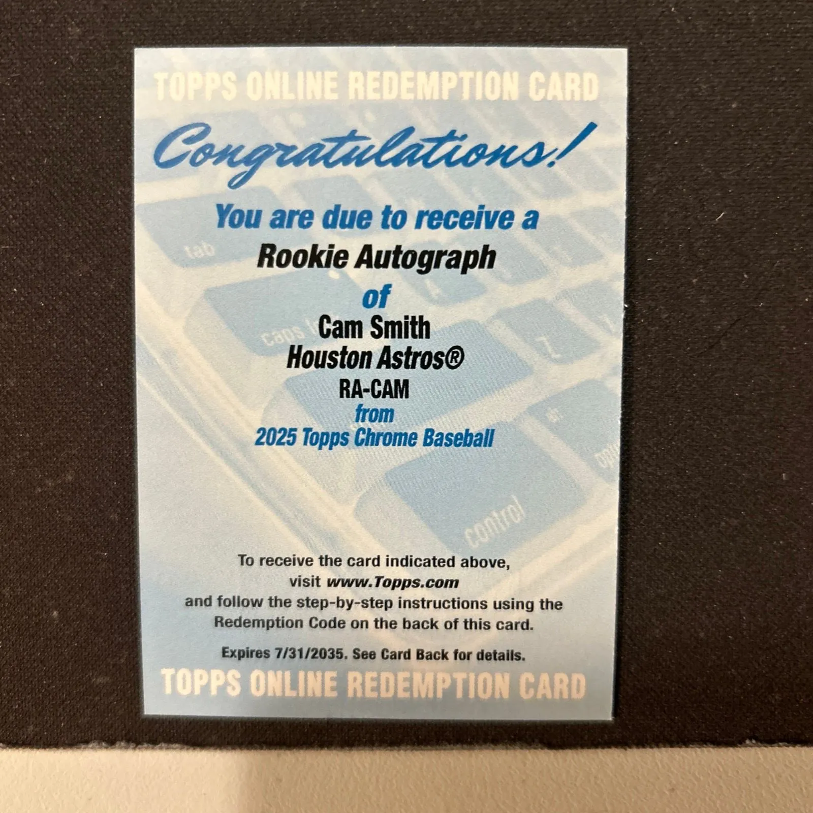 Product image for 2025 Topps Chrome Cam Smith Auto Redemption
