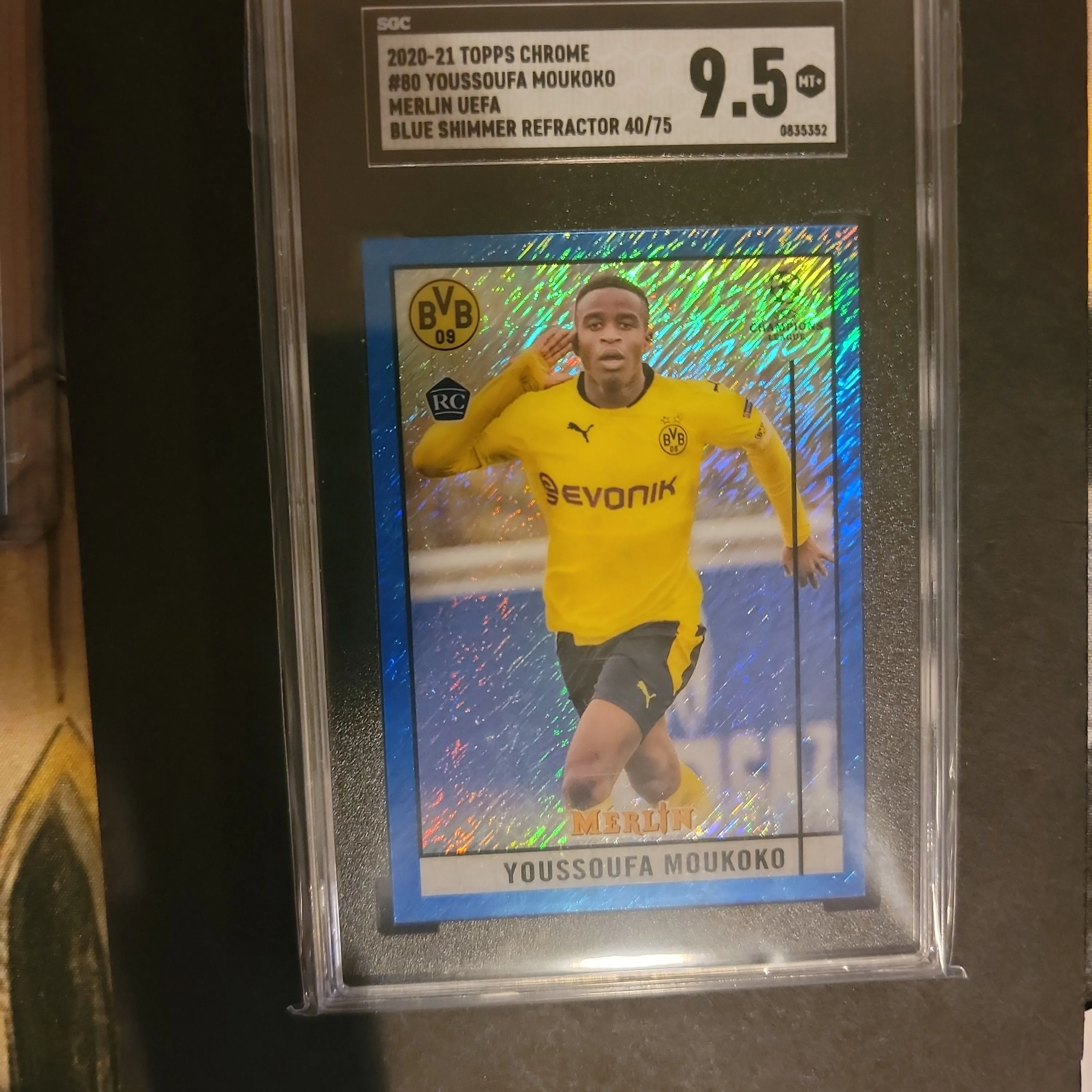 Product image for 2020-21 Topps Chrome Merlin Uefa Youssoufa Moukoko SGC Blue Shimmer Refractor 9.5