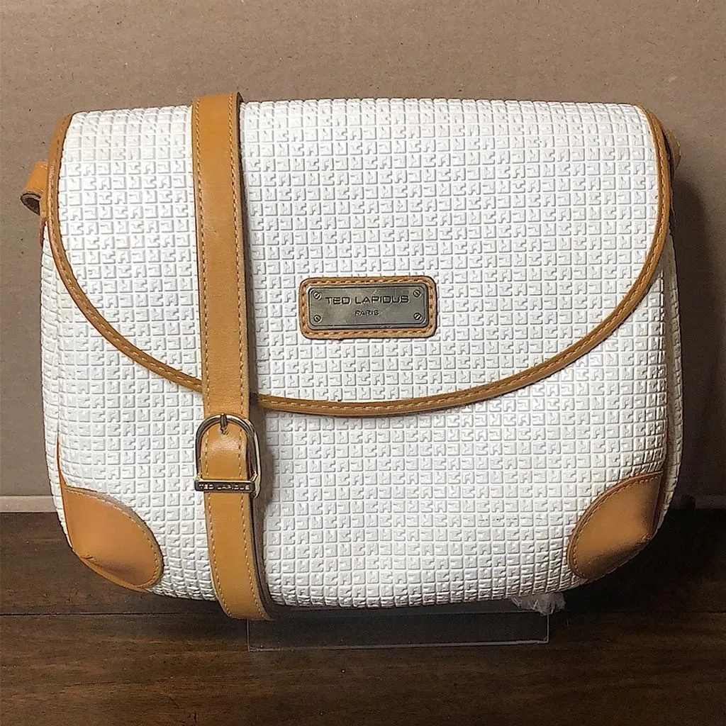 Product image for TED LAPIDUS White Monogram and Tan Crossbody Leather Shoulder Bag RARE