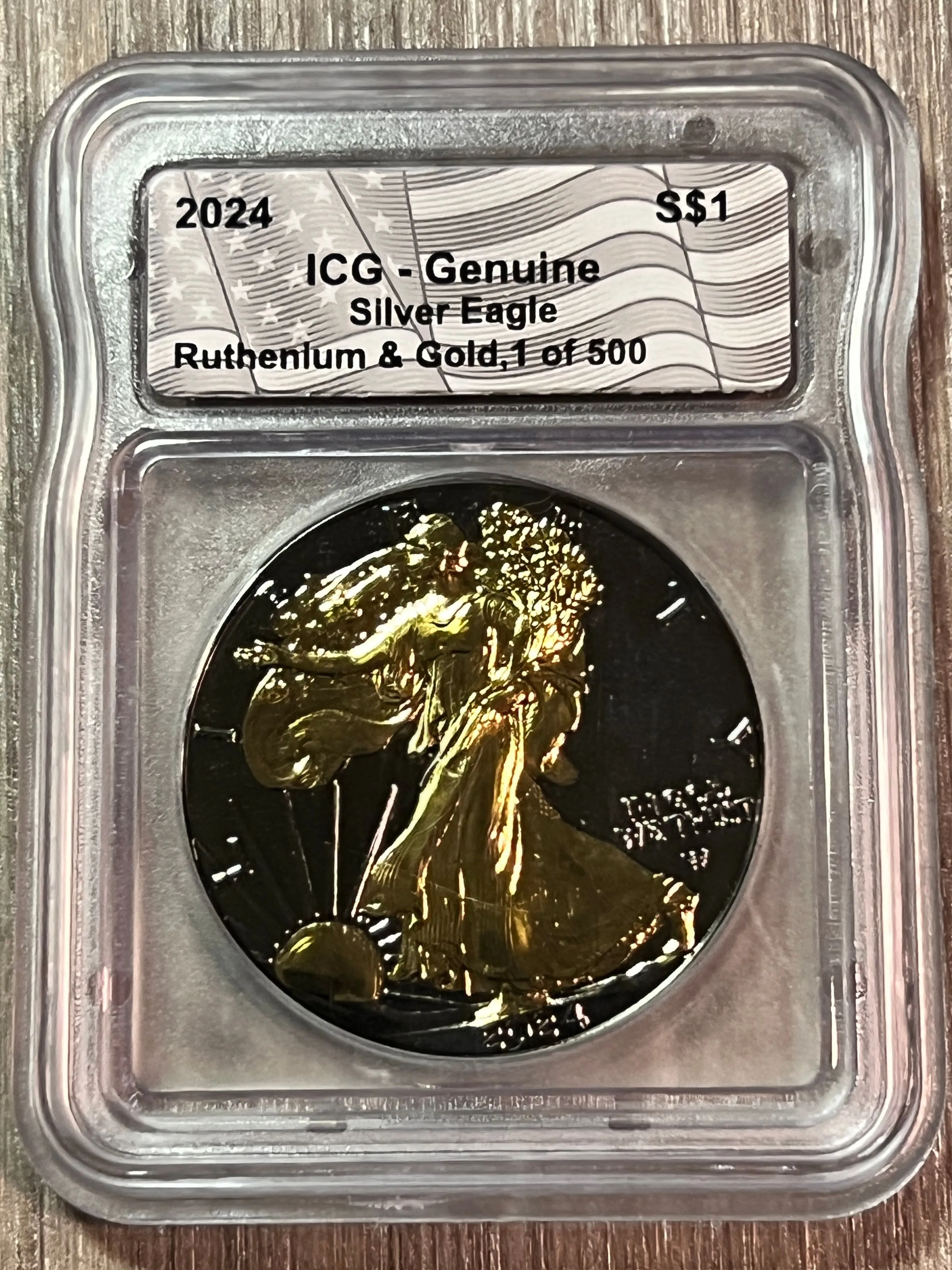 Product image for 2024 Genuine SILVER Eagle Ruthenium & Gold finish *(1 of 500)*