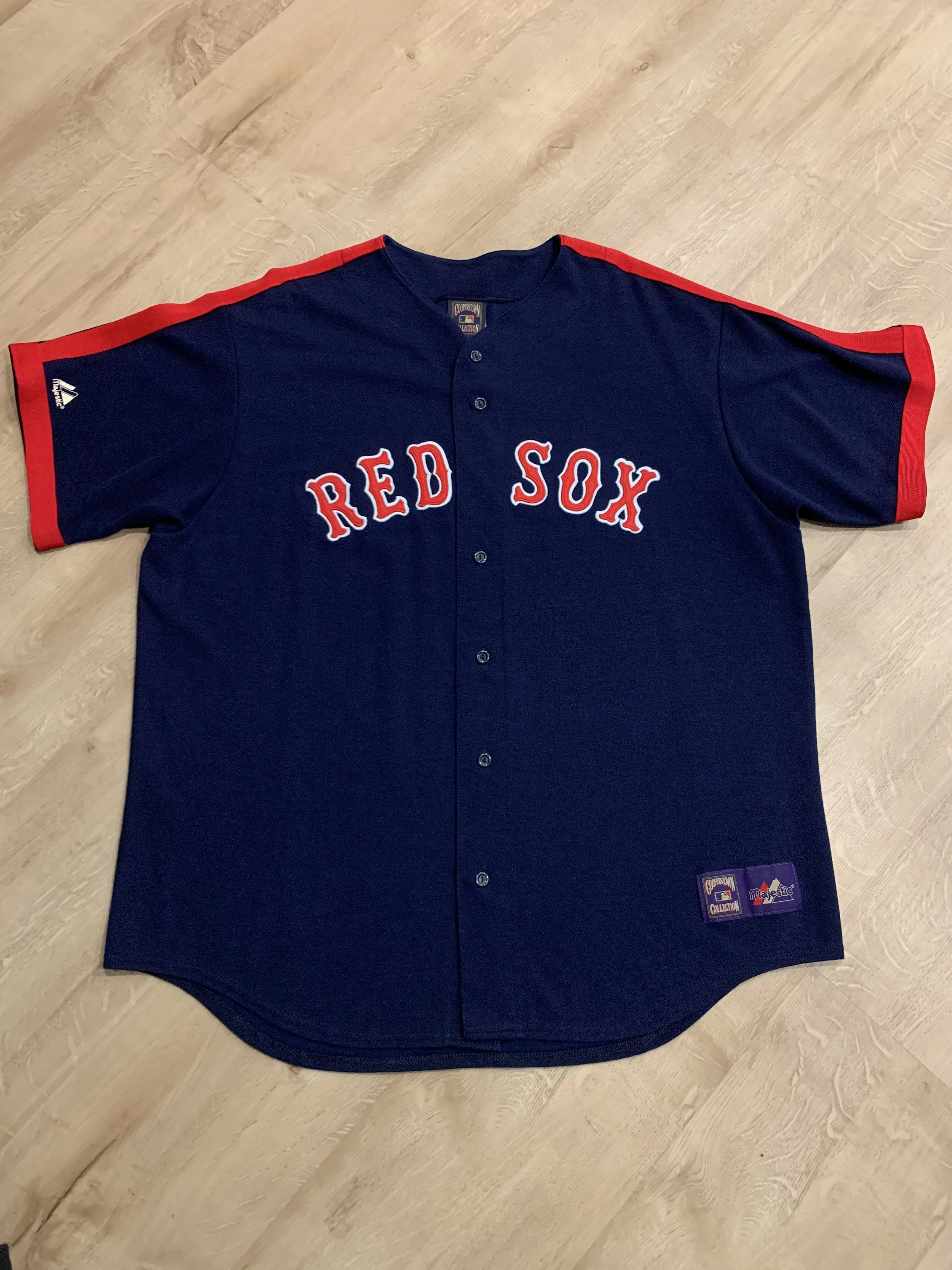 Product image for Vintage Boston Red Sox Cooperstown Collection Majestic Jersey Men's Size 2XL XXL MLB Baseball Navy Blue Blank Button Up 