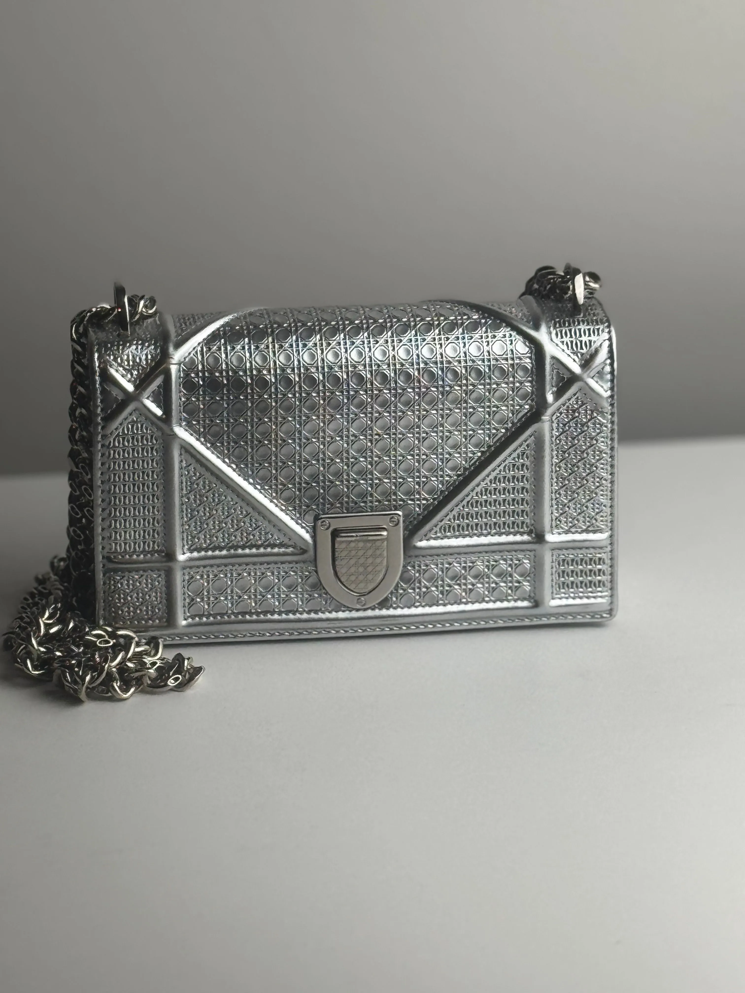 Product image for Christian Dior Cannage Diorama Small Silver Patent Leather