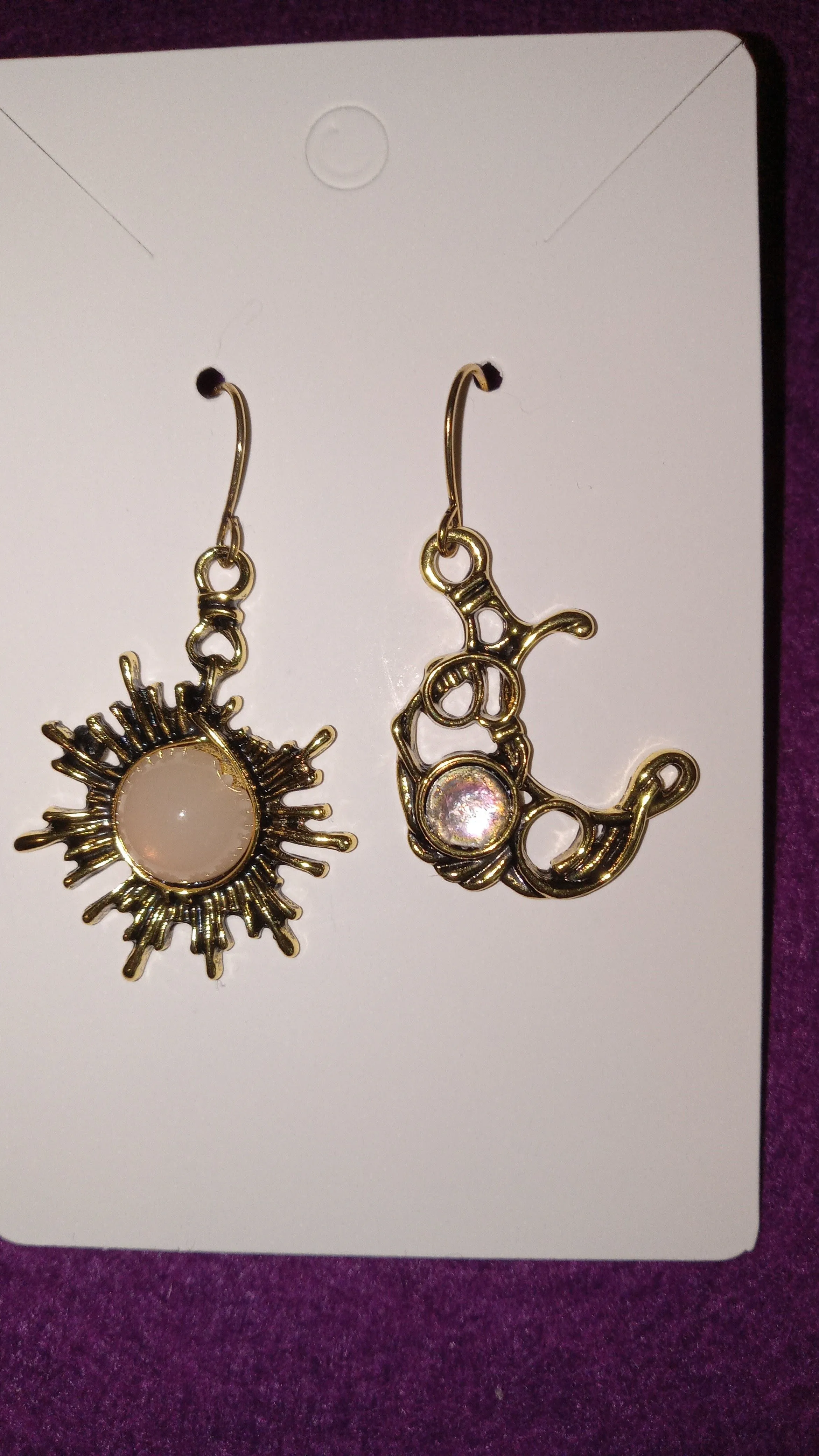 Product image for EM1. Earrings Celestial Sun & Moon Mismatched Antique Gold-tone Drop Pierced New