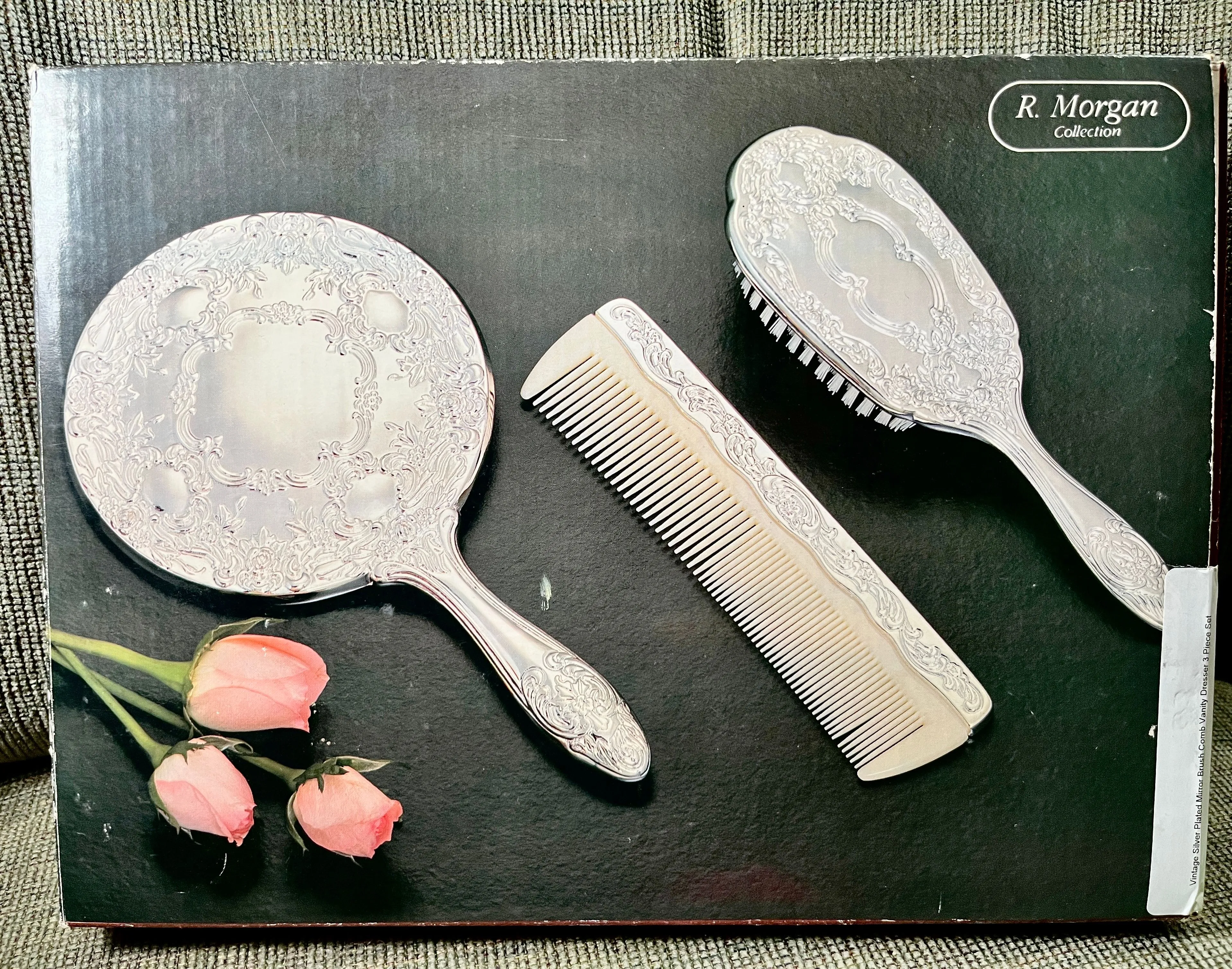 Product image for 1980s Sliver-plated Vanity Dresser 3 Pc. Set (Mirror Brush Comb) In Original Box
