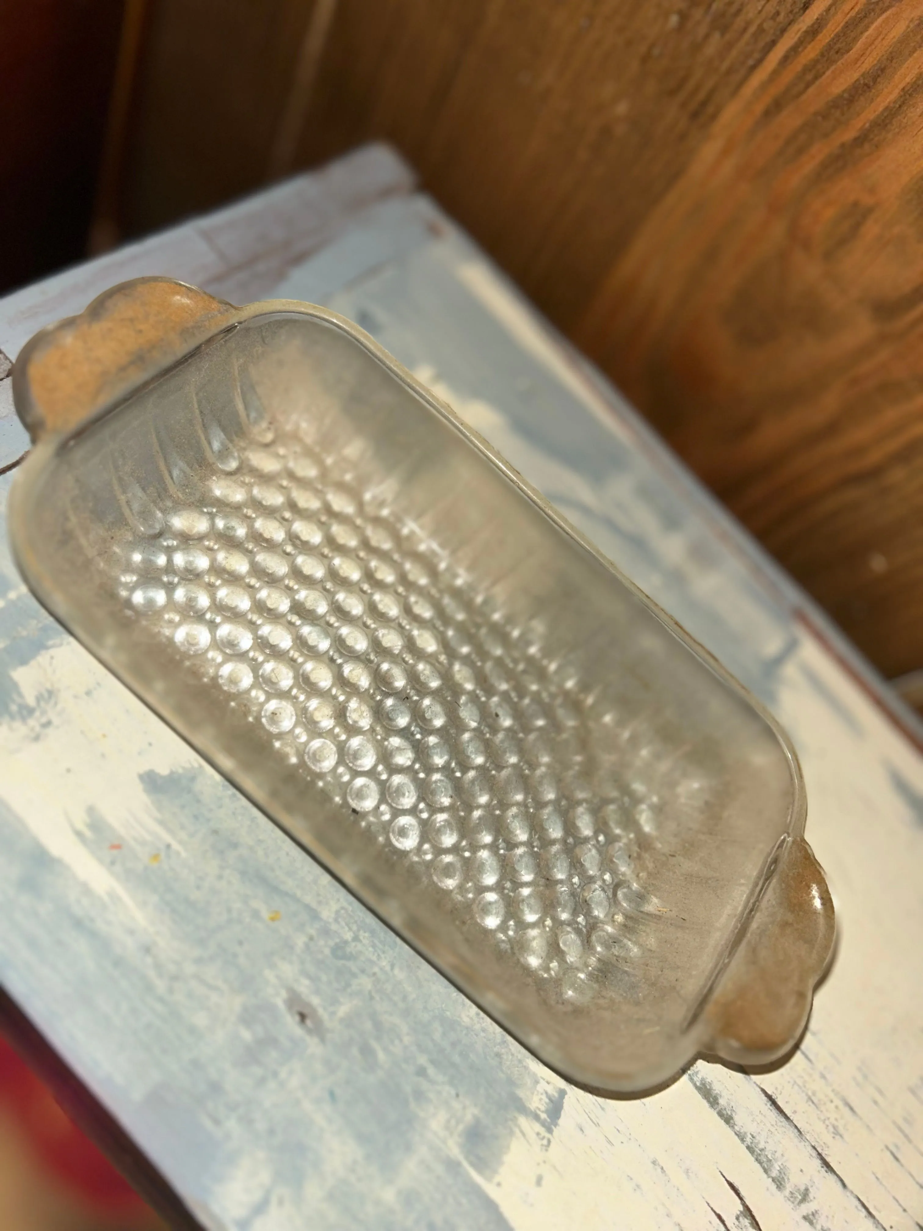 Product image for A vintage Anchor Hocking glass dish with a hobnail pattern.