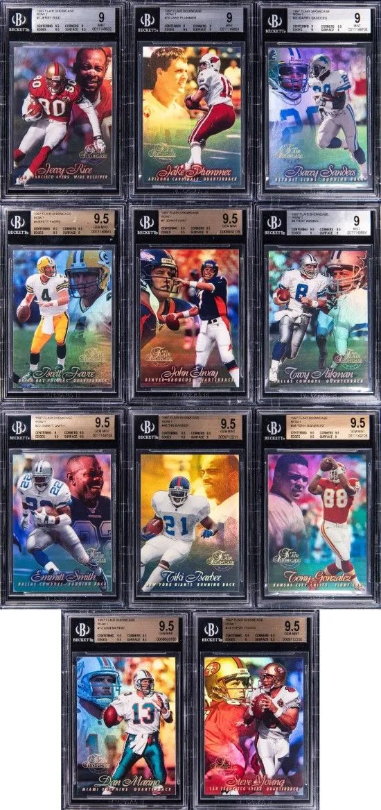 Product image for 1997 Flair Showcase Row 1 Football Complete Set (120) 11 BGS Graded Tony Gonzalez Rookie Card, Jerry Rice, Dan Marino, Barry Sanders