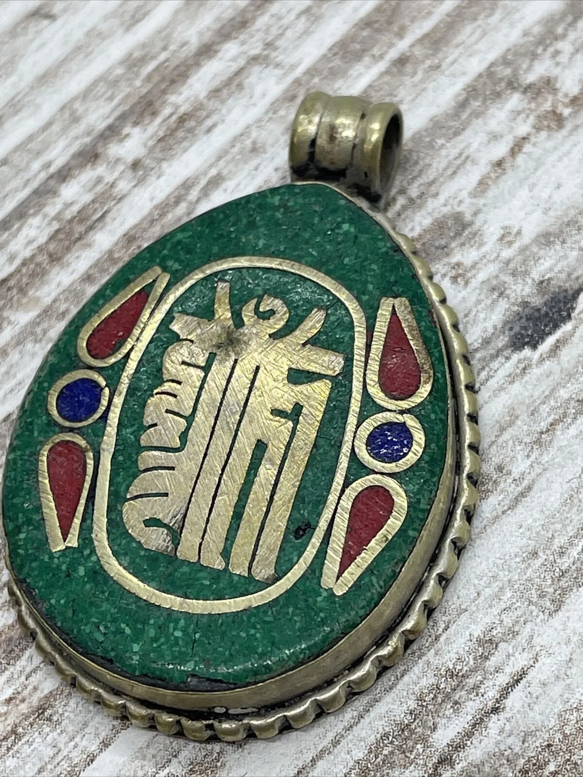 Product image for Vintage Kalachakra Silver Inlaid Green Turquoise Coral & Lapis Lazuli Pendant