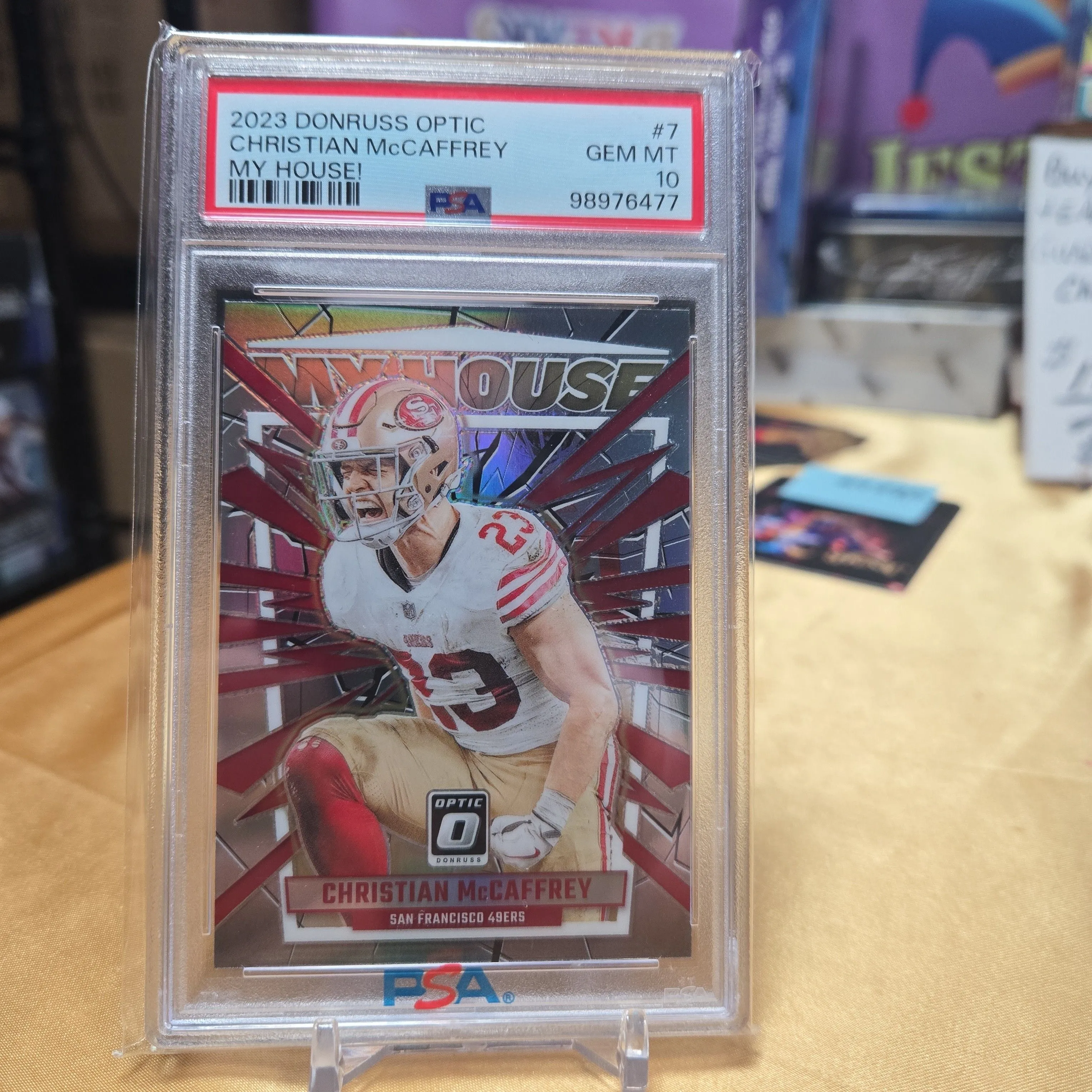 Product image for 2023 Panini Donruss Optic My House! Christian Mccaffrey 7  PSA GEM MT 10