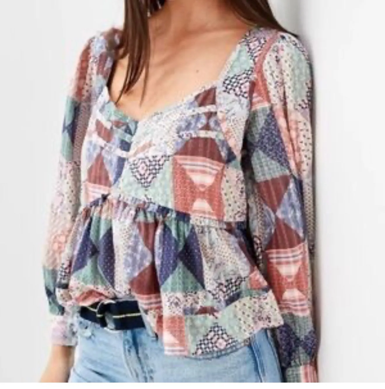 Product image for 3. American Eagle Boho Mixed Floral Patchwork Cotton Babydoll Blouse