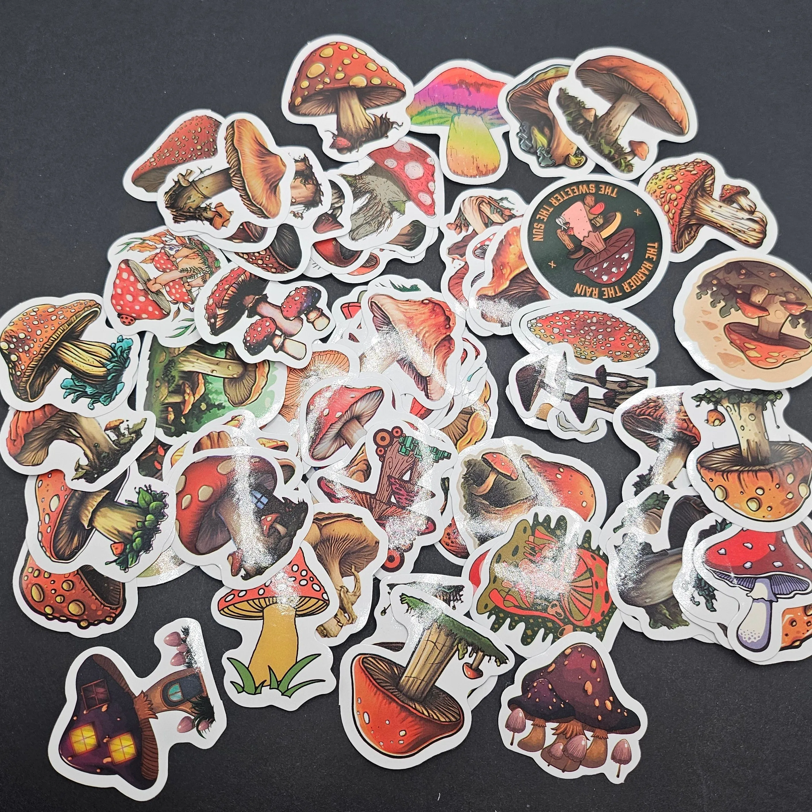 Product image for RANDOM Precut Individual Colorful or Realism MUSHROOM set of 6 stickers - small