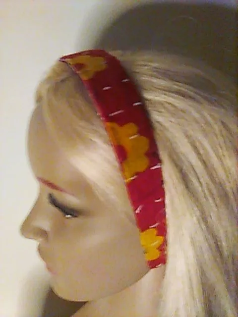 Product image for H505. Headband Kantha Hard Surface Red Yellow Flowers Raw Edges Upcycled New