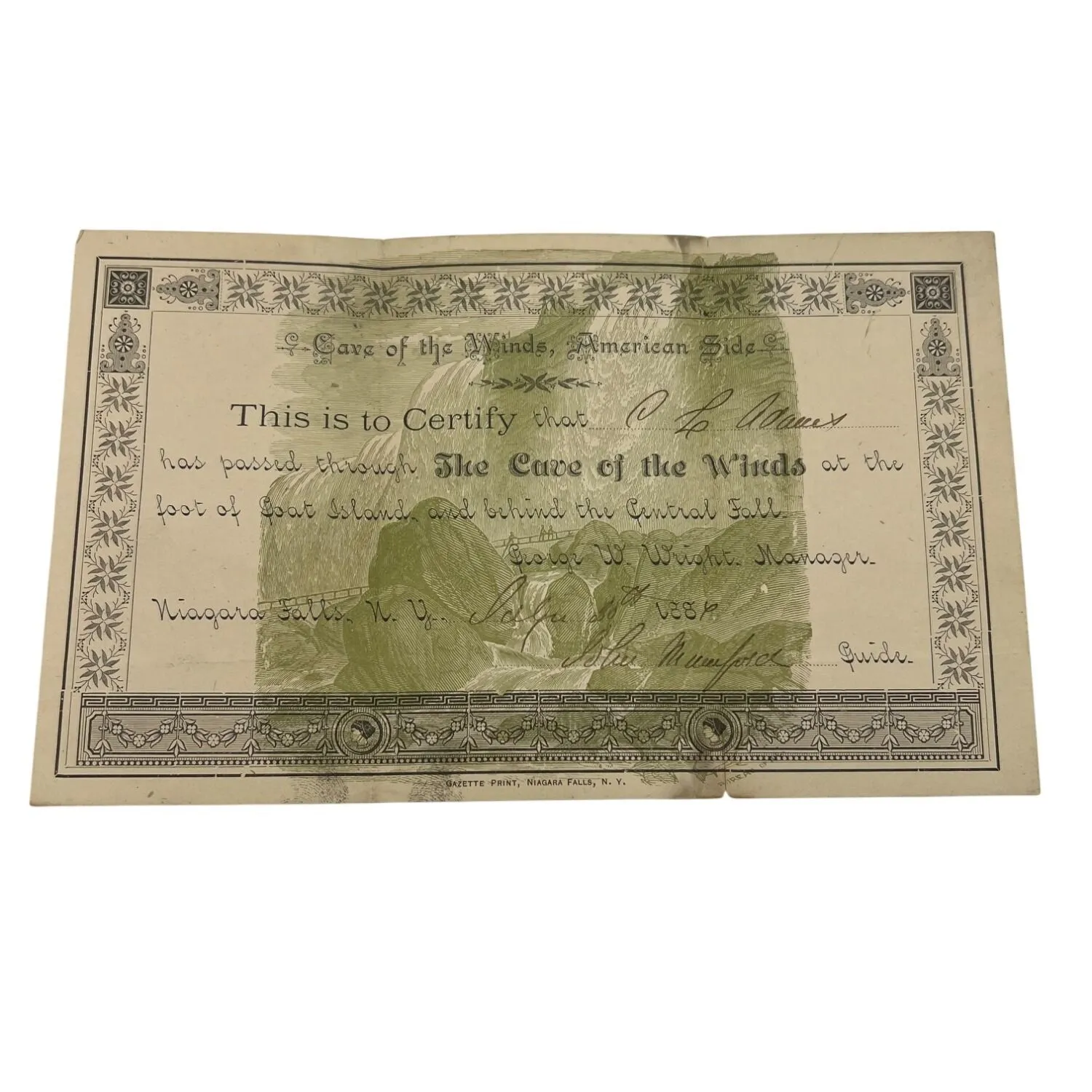 Product image for Vintage 1886 Cave Of The Winds Niagara Falls Certificate Goat Island New York