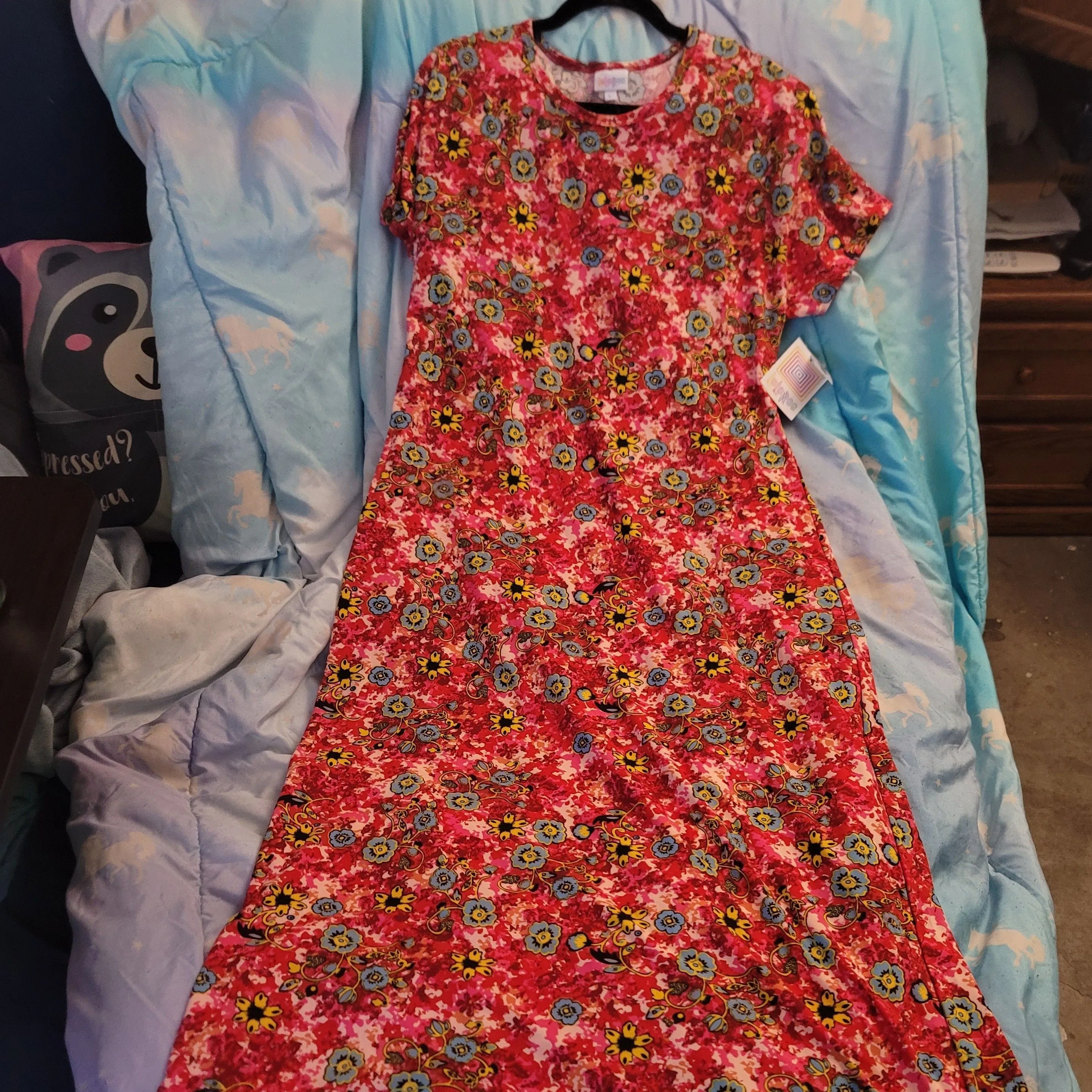 LuLaRoe Maria Large NWT Dress Red with blue flowers1