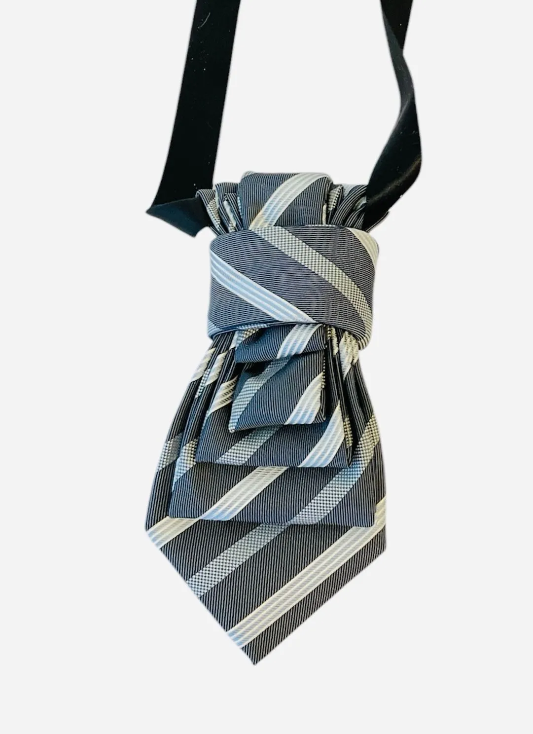Product image for 90. Upcycled Tie Necklace Boss Hugo Boss Grey White and Gray Stripes