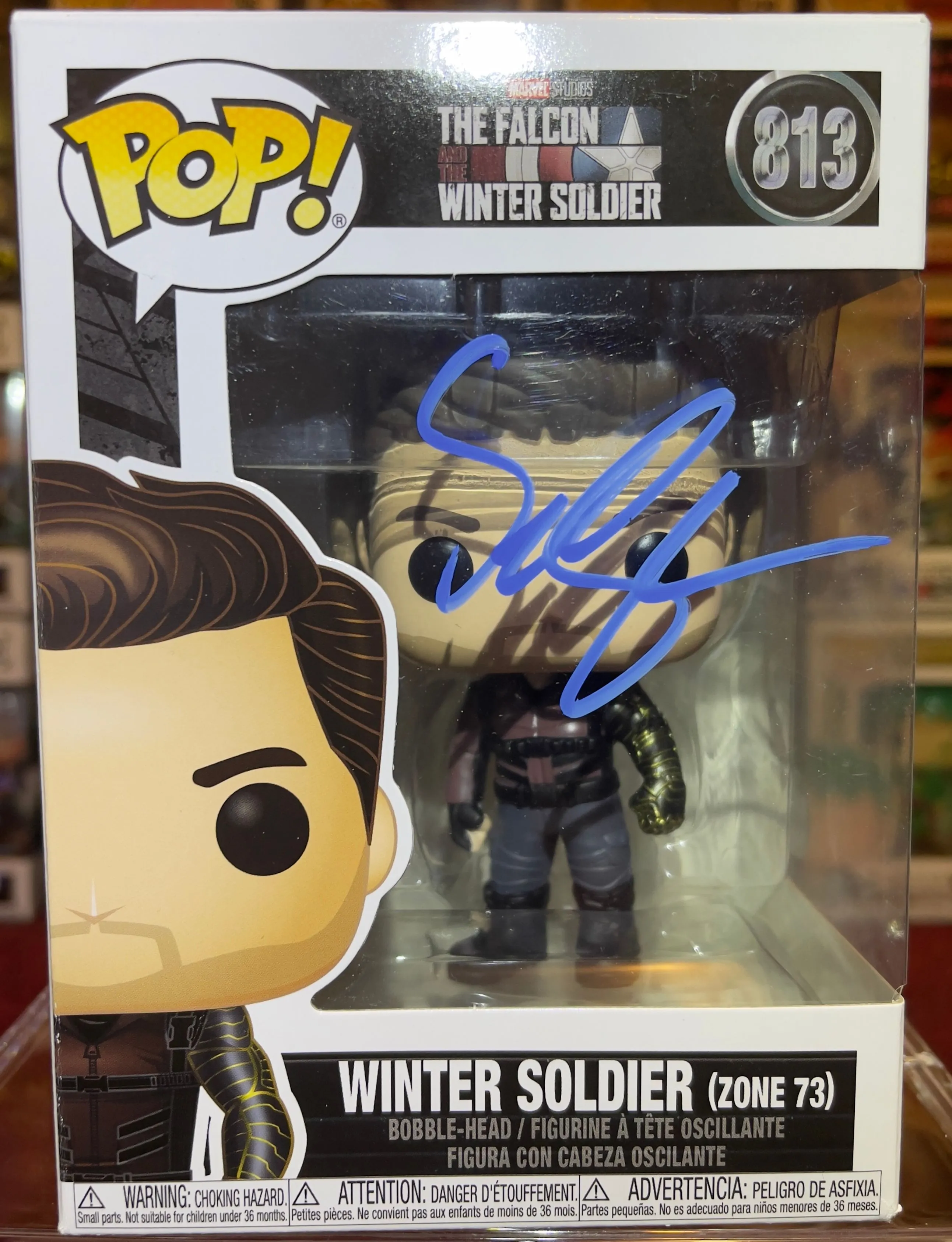 Product image for Marvel Winter Soldier #813 Signed By Sebastian Stan Funko Pop Beckett BAS COA