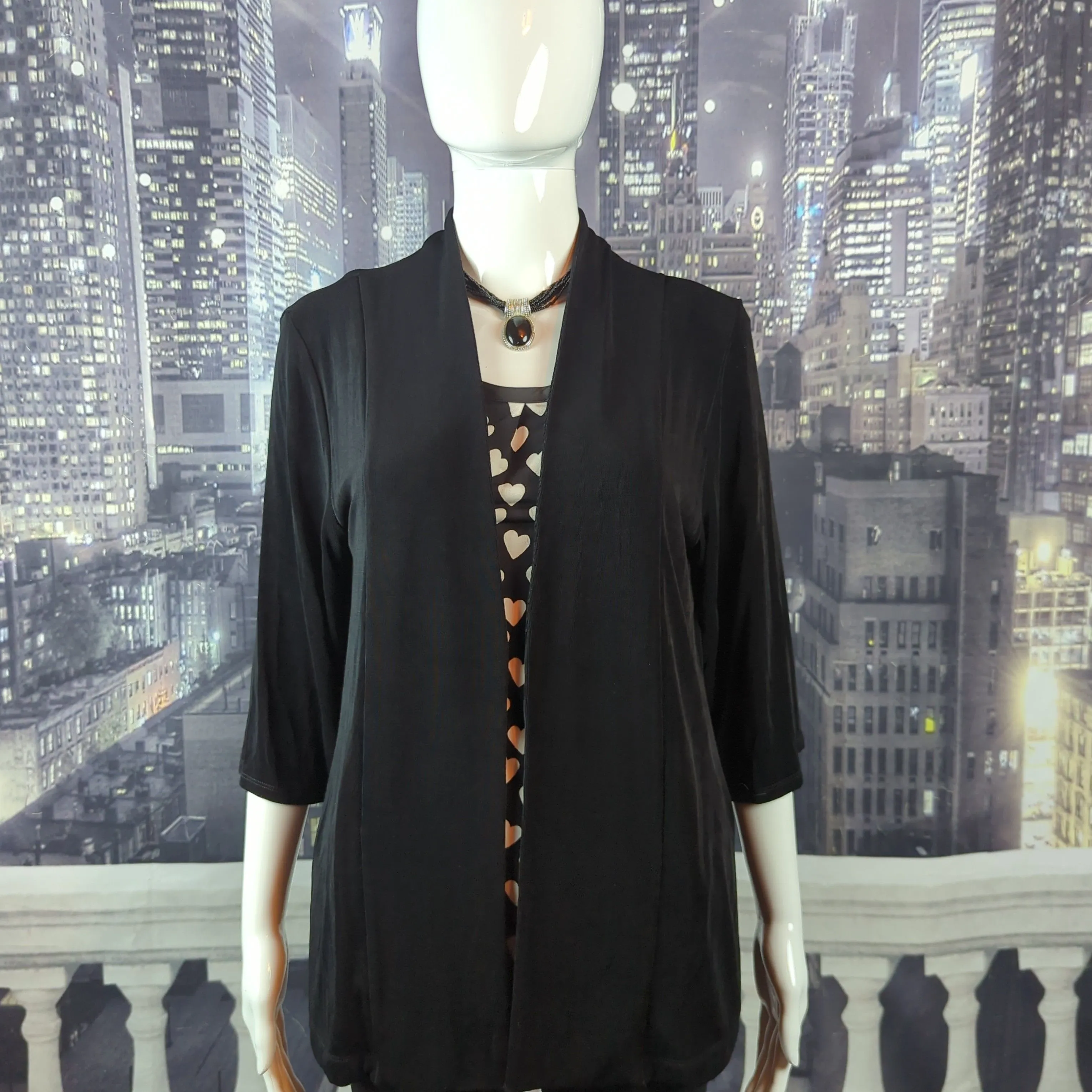 Product image for Travelers by Chico’s sz 1 (S) Jet Black 3/4 Sleeve Open Front Ribbed Wrinkle Resistant Cardigan Sweater
