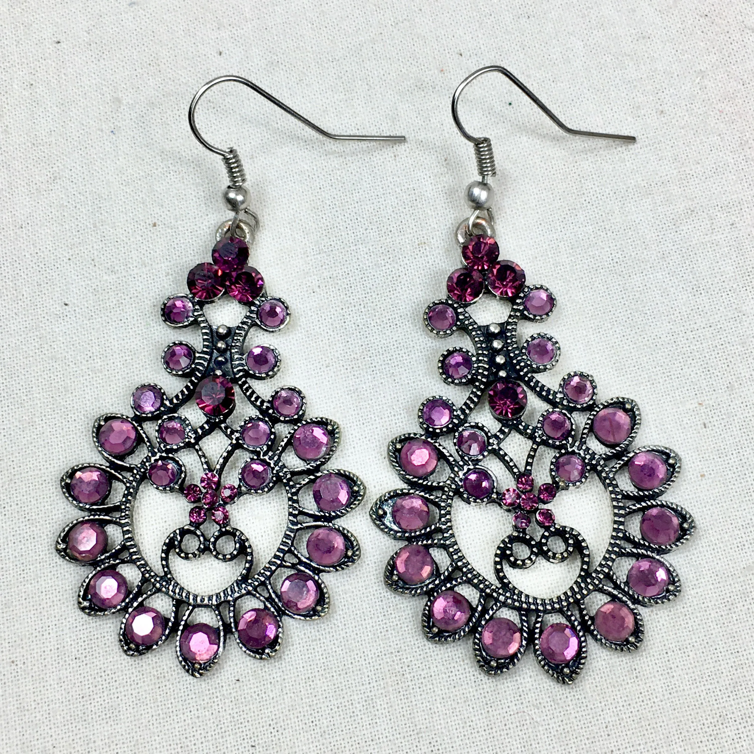 Product image for Purple Rhinestone Silver Tone Large Dangle Earrings Pierced Wedding Prom Statement
