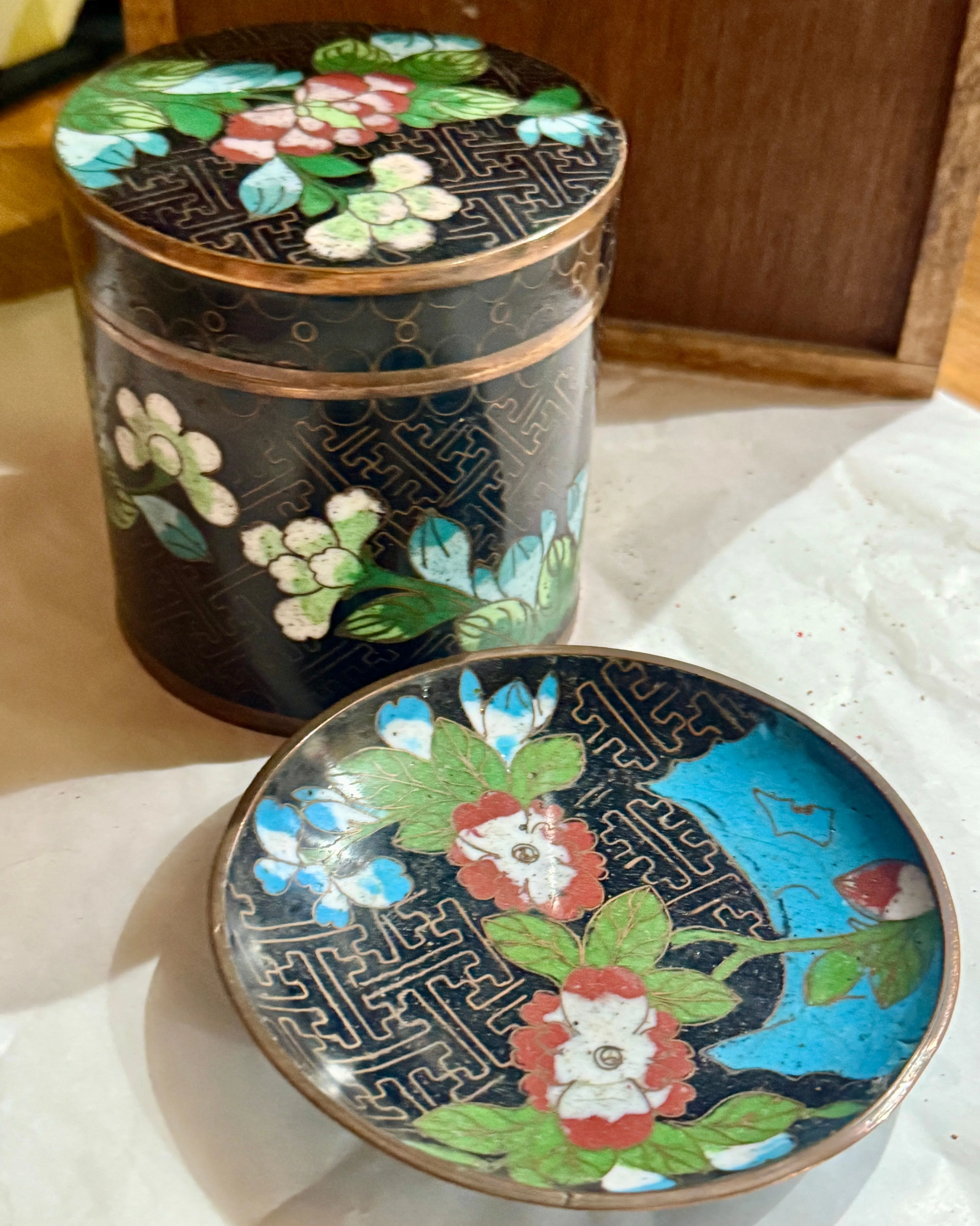 Product image for Chinese Cloisonne Lidded Tea Jar with Matching Small Plate, 1900-1940s