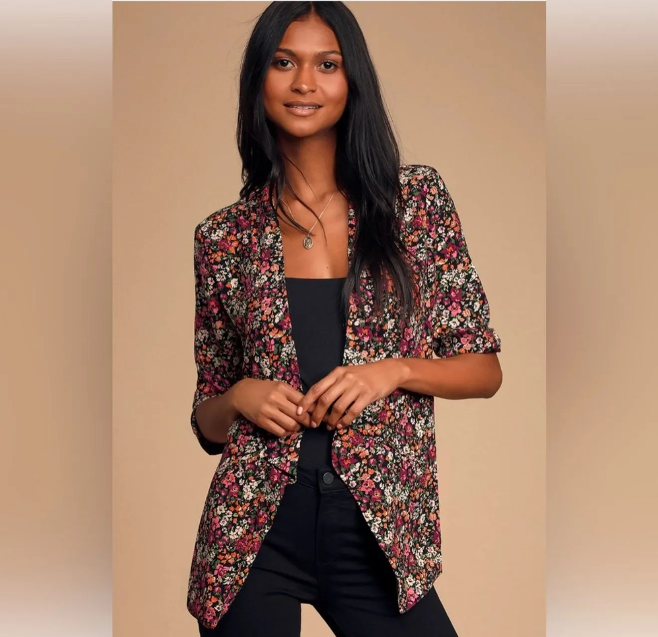 Product image for 12. Lulus Miss Punctuality Pink and Black Floral Print Lightweight Blazer
