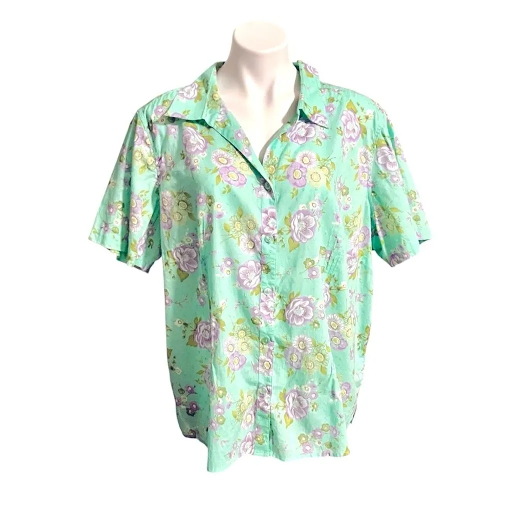 Product image for Pappagallo Floral Button Down Shirt Size 2X Mint/Purple
