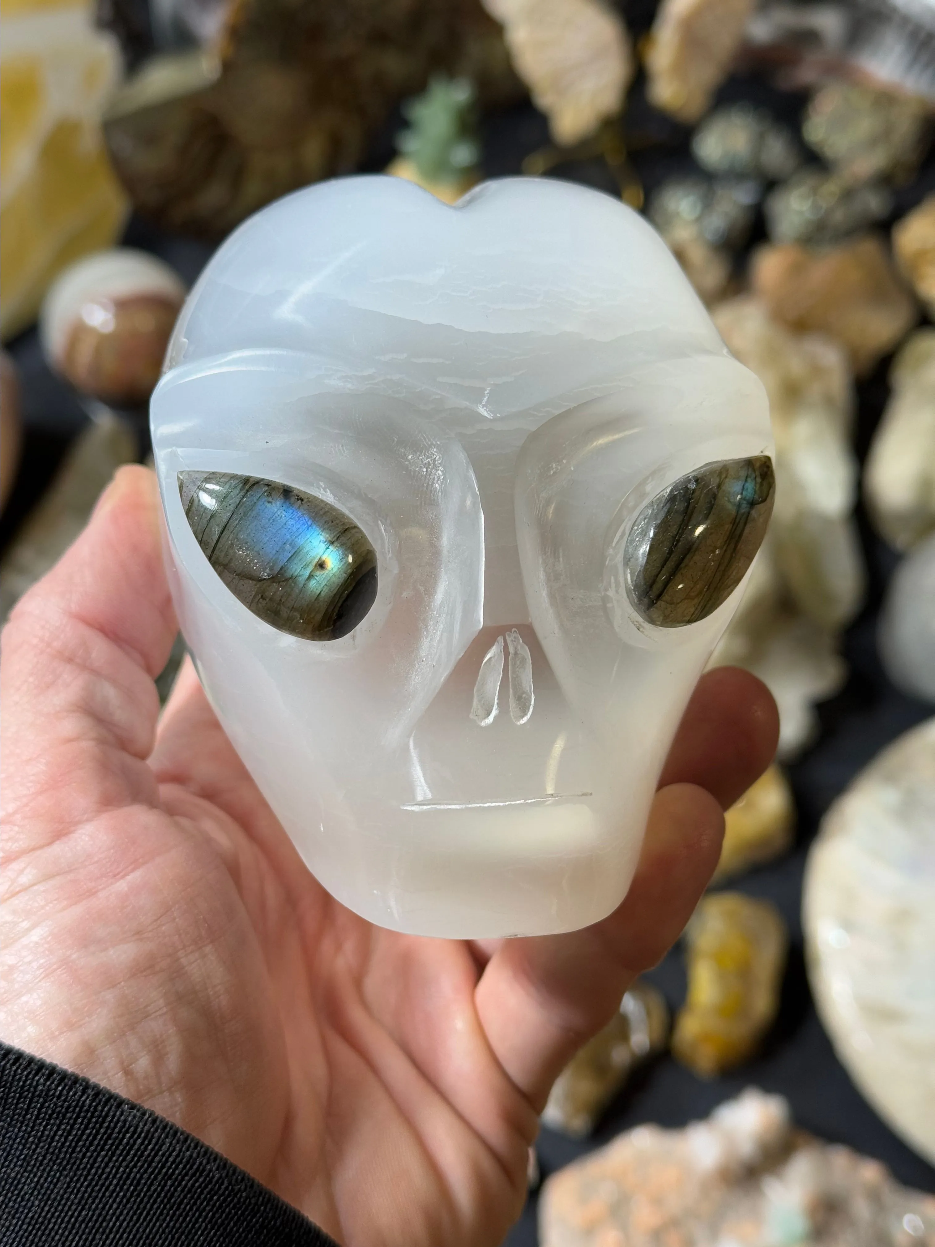 Product image for Selenite Star Being w/ Labradorite Eyes Skull Carving #22
