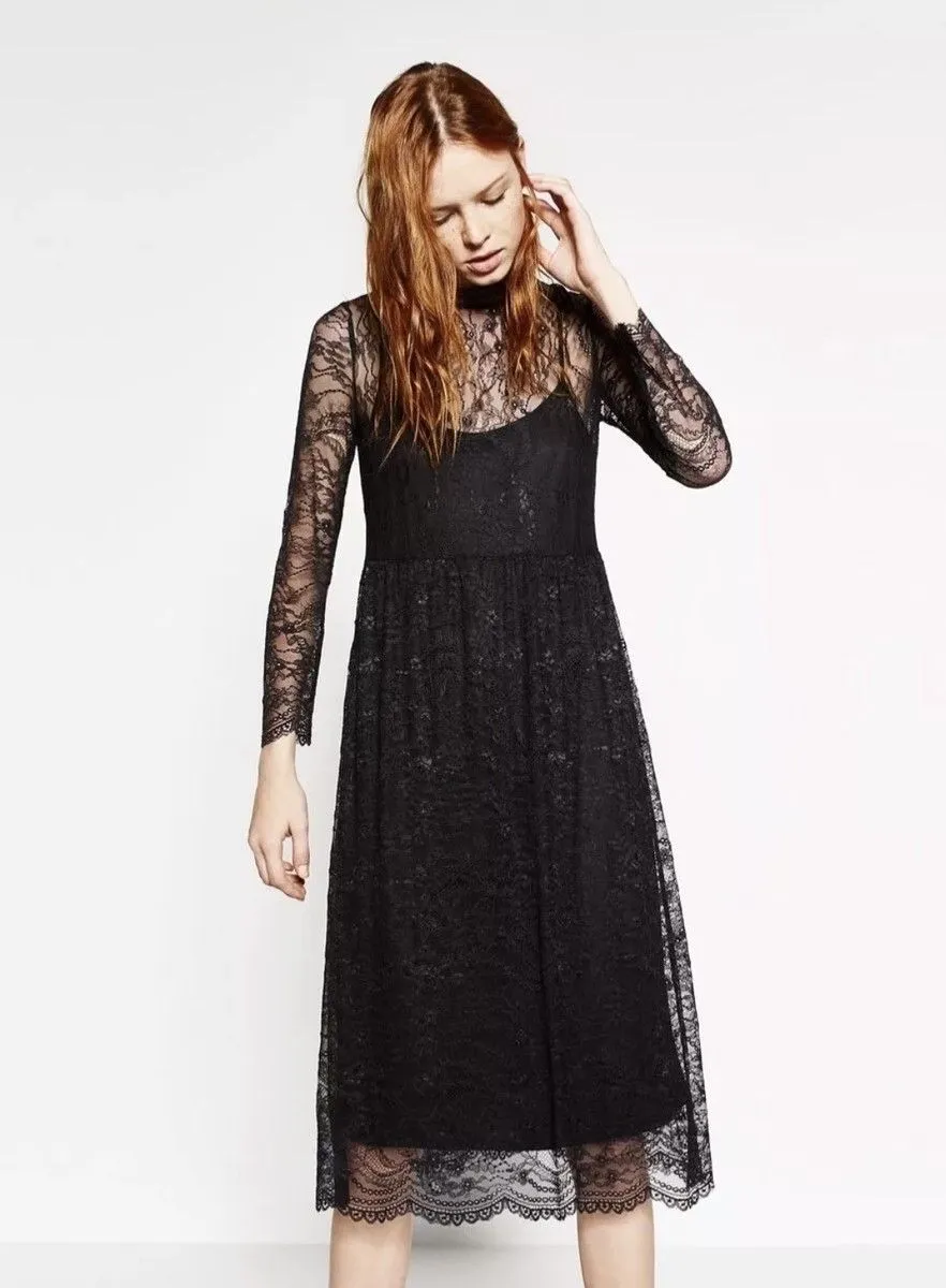 Product image for 26. ZARA AW16 Black Lace Long Sleeve Midi Dress Size S