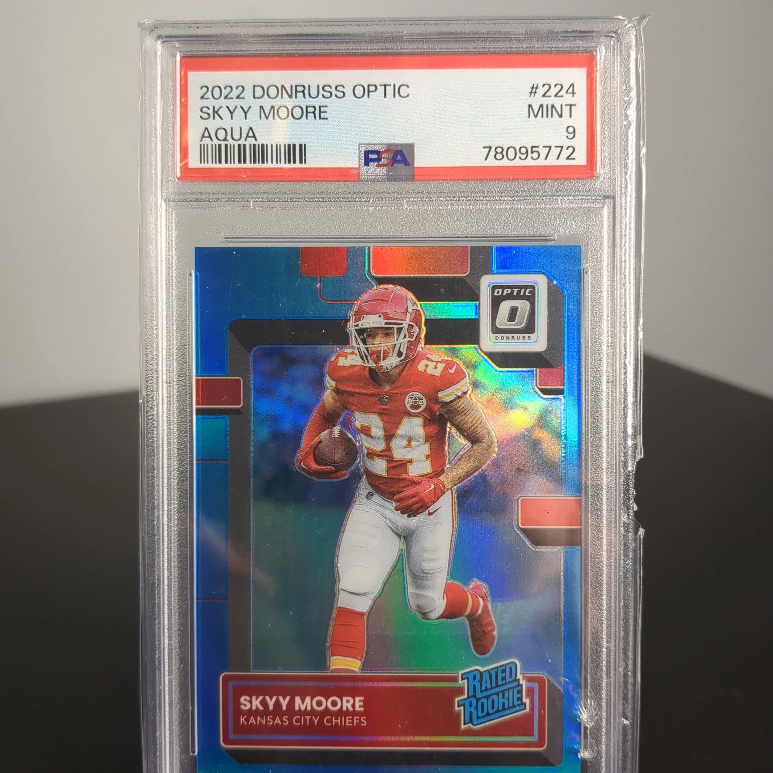 Product image for 2022 Panini Donruss Optic Skyy Moore 224 Aqua PSA MINT 9