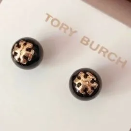 Product image for New TORY BURCH T LOGO BLACK CRYSTAL PEARL STUD EARRING on TB Earring Card