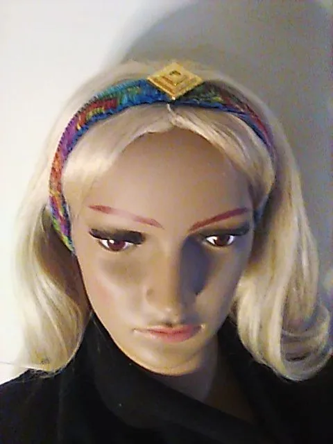 Product image for H40. Headband Narrow Cotton Colorful Square With Dimensional Gold Button Upcycled One of a Kind Boho