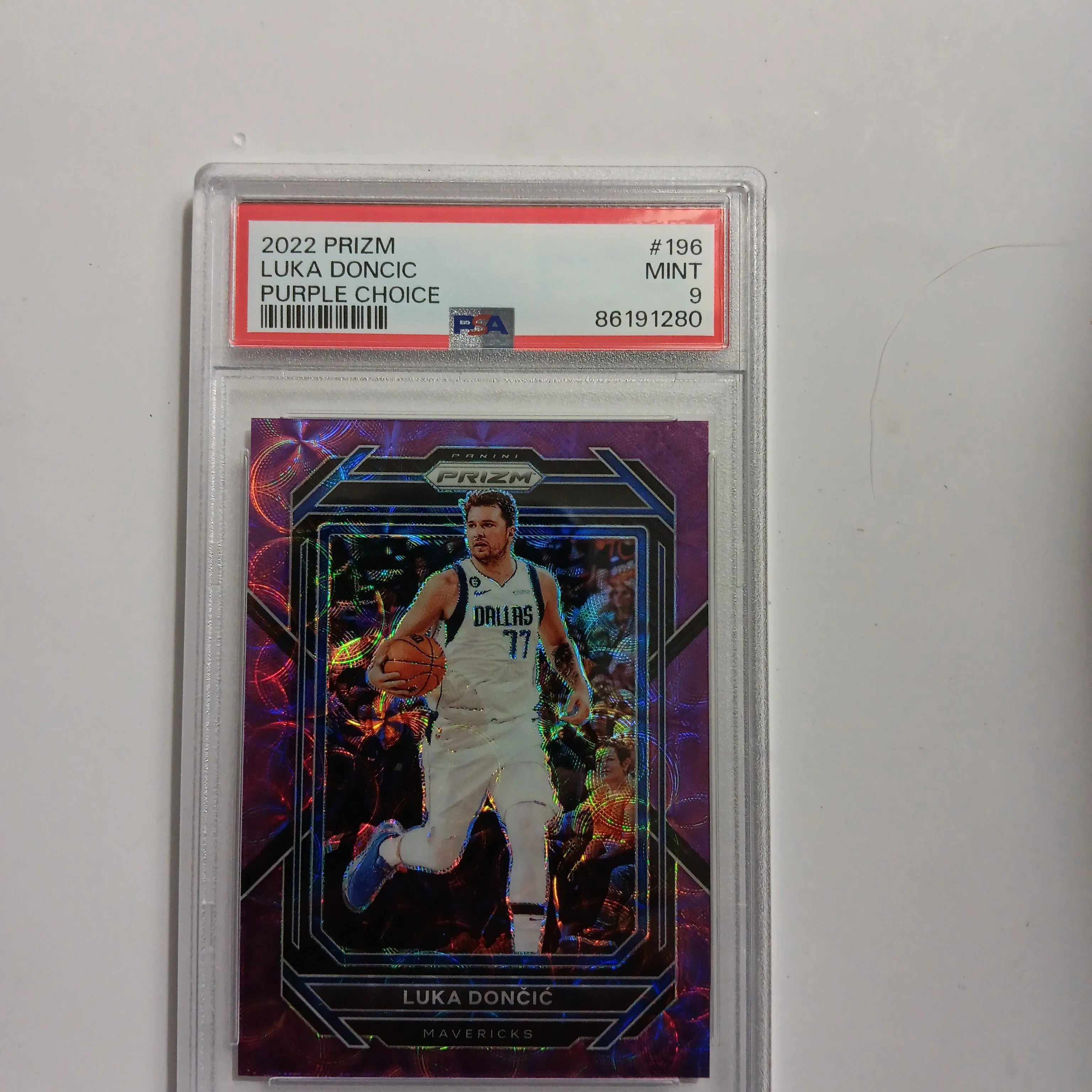 Product image for 2022 Panini Prizm Luka Doncic 196 Purple Choice PSA MINT 9
