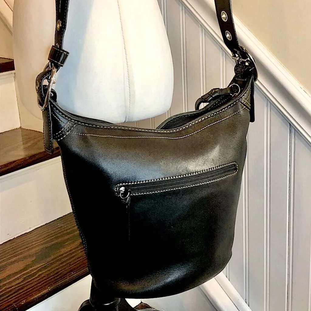 Product image for Vintage COACH Black Leather Duffle Bag Ext Zip Pocket Adj Crossbody Strap