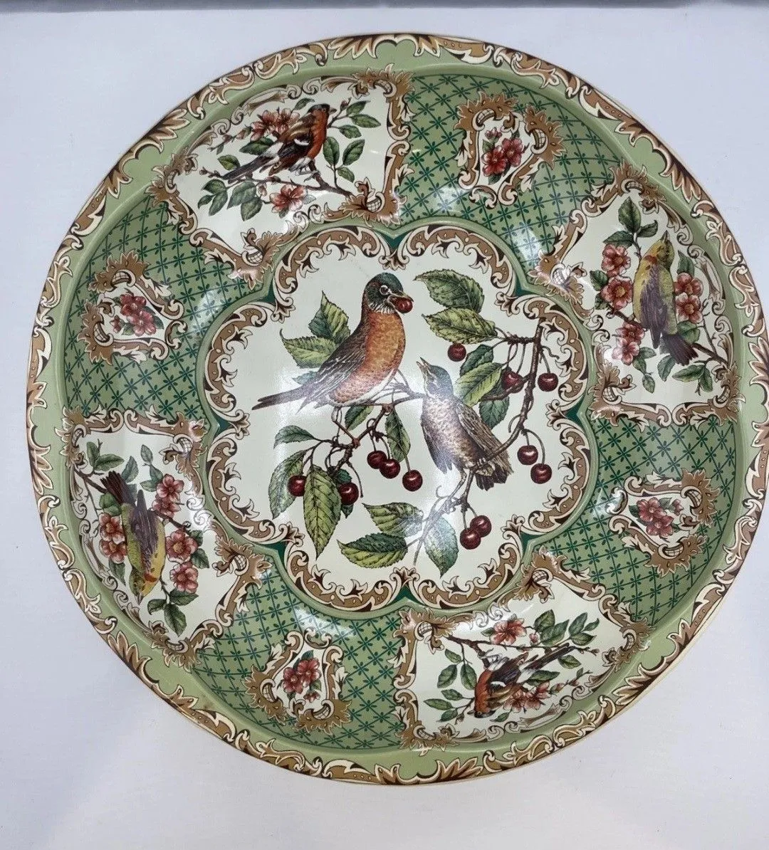 Product image for Vintage Daher Tray Tin Ware Bowl BIRDS 1971 Decorated Made in England Green Gold Red