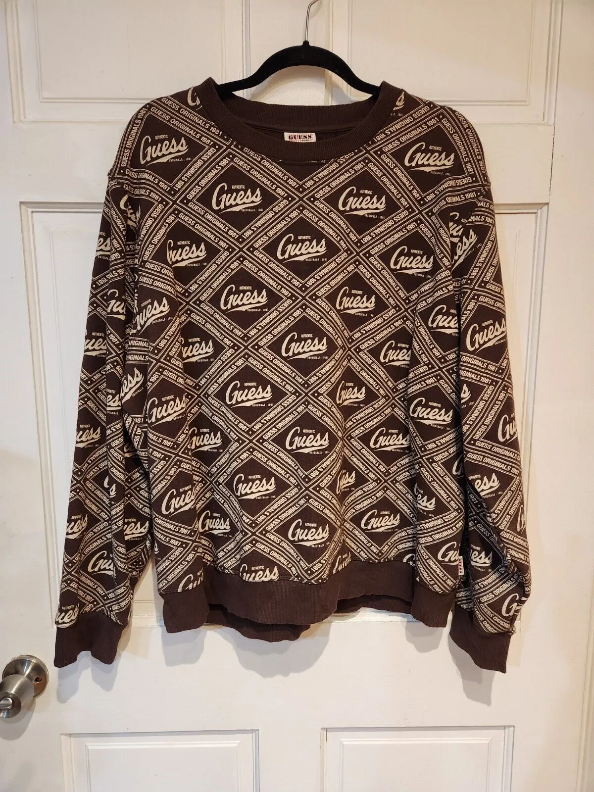 Product image for Guess Monogram Logo Crewneck Sweater Brown Mens Medium / Kids 2XL
