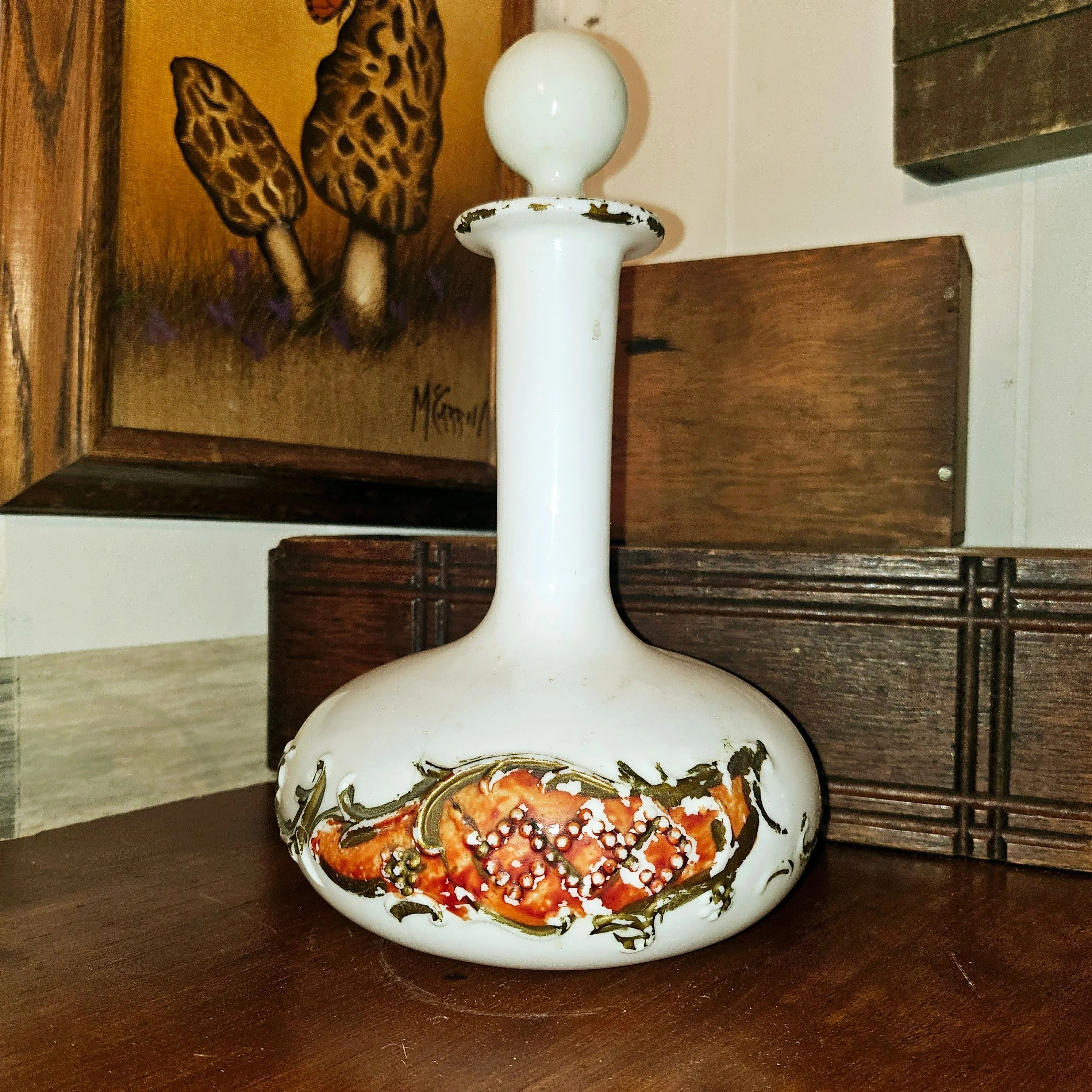 Product image for Antique Victorian 1890s Milk Glass Handpainted Dresser Decanter Bottle W/Original Matching Stopper