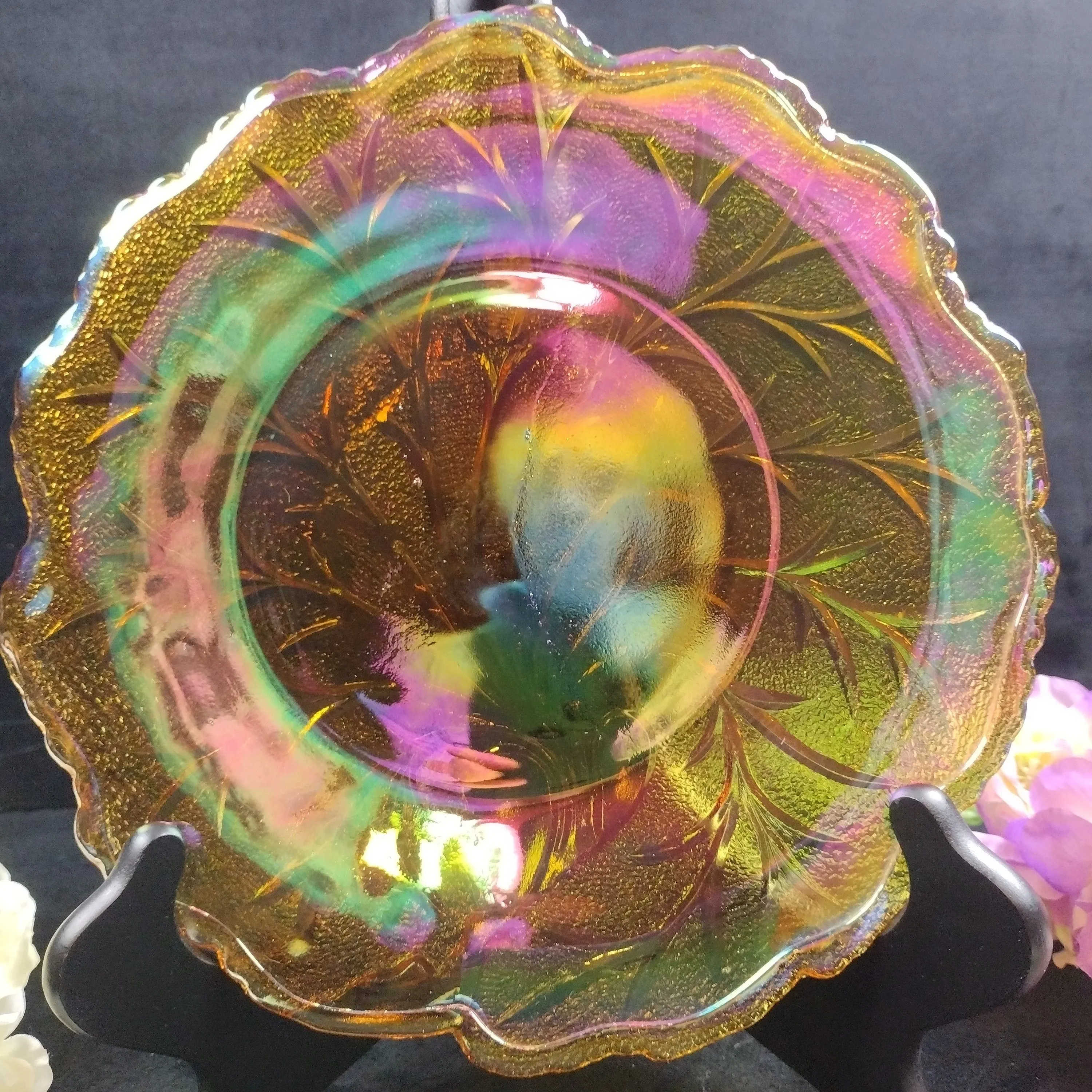 Product image for Carnival Marigold Indiana Glass Leaf Plate, 10 in. Marigold Carnival Glass Leaf Plate, Indiana Glass