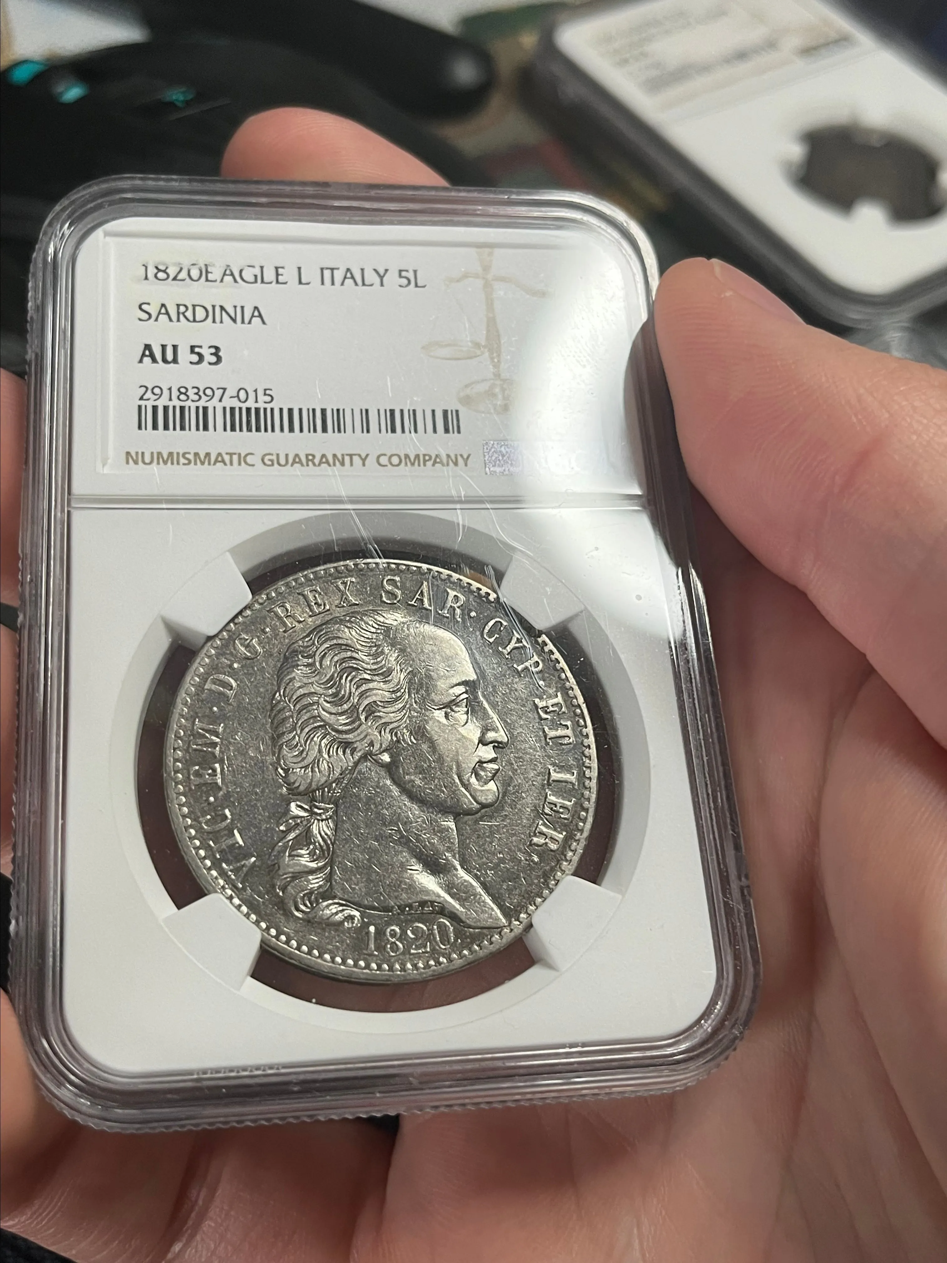 Product image for 1820 Sardinia 5 Lire NGC AU53 - exact coin sold for $600 at Heritage this year