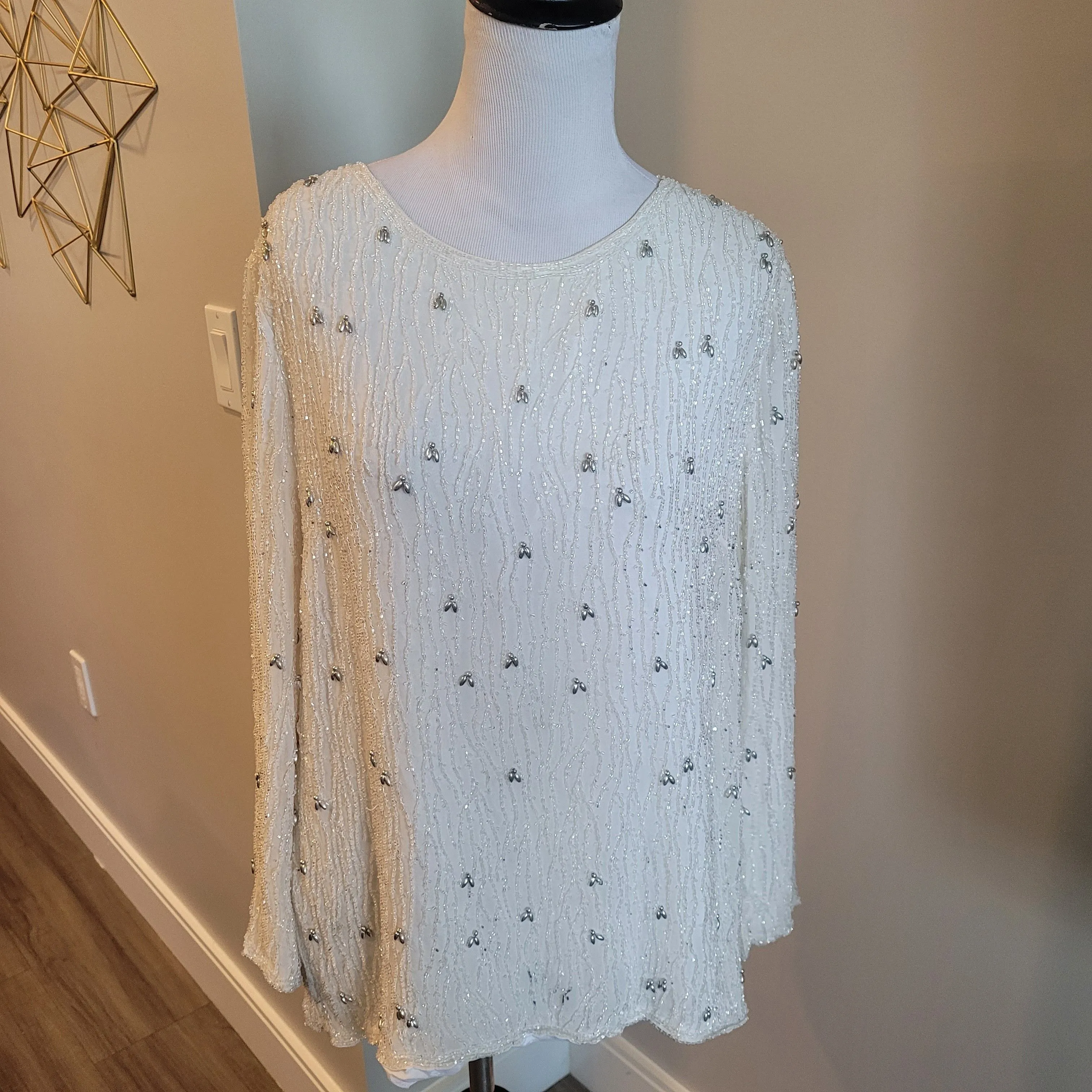 Product image for Vintage 1980s Silk White Beaded Top With Bugs 🐛