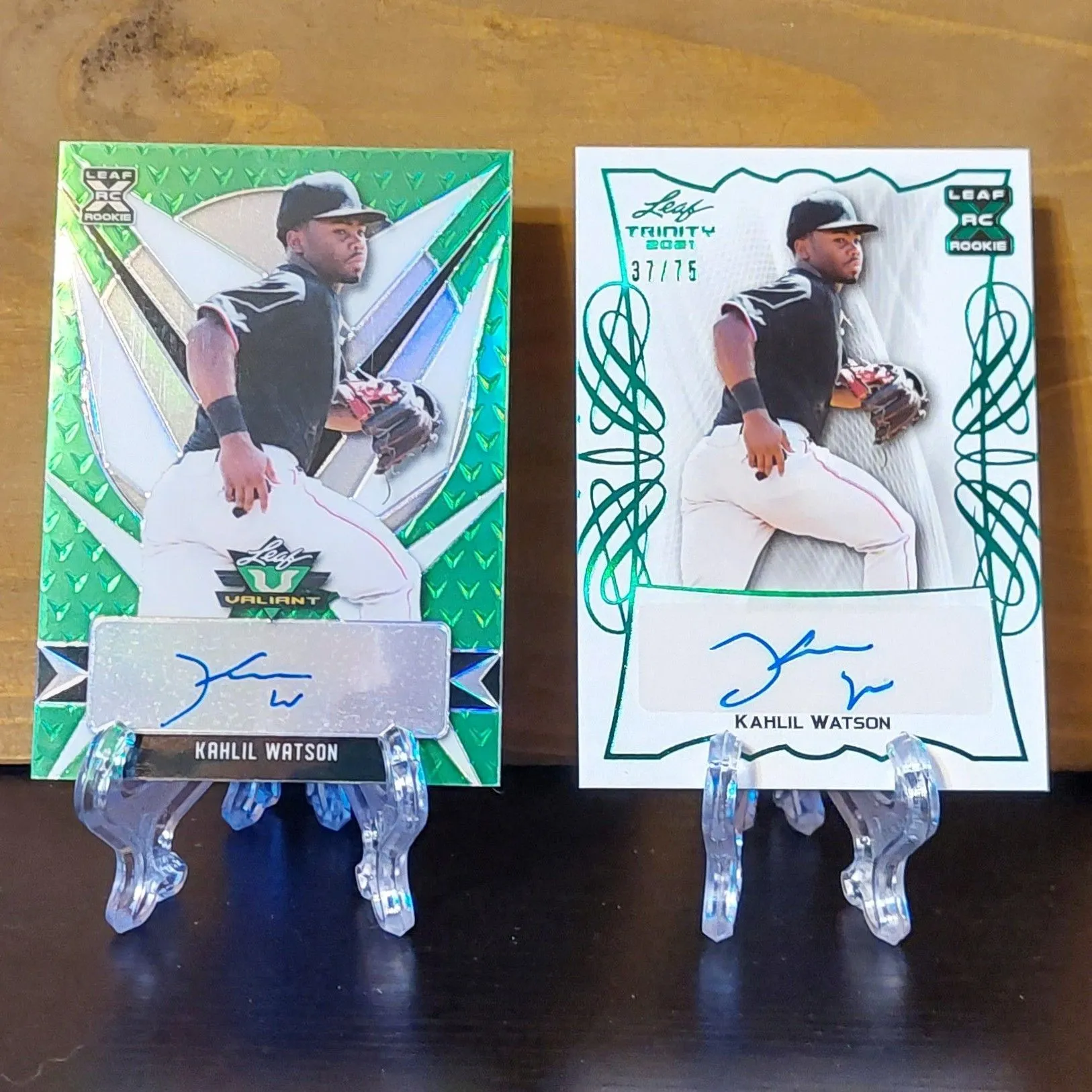 Product image for Lot of 2 2021 Leaf Valiant Kahlil Watson XRC Auto Green Parallel & Leaf Trinity XRC Auto Aqua Foil P