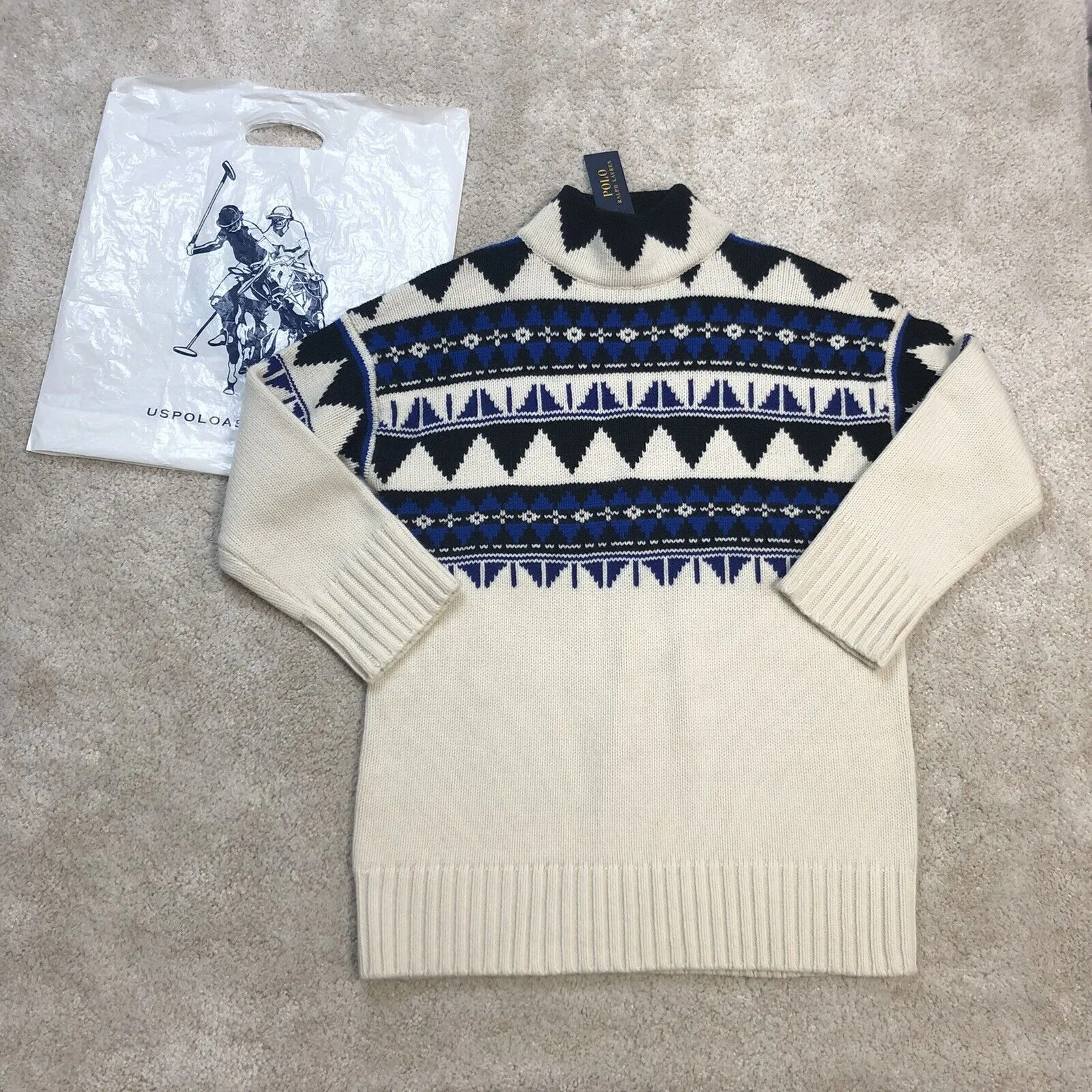 Product image for Polo Ralph Lauren Womens Wool Patterned High Neck White Sweater Size Small W Tag