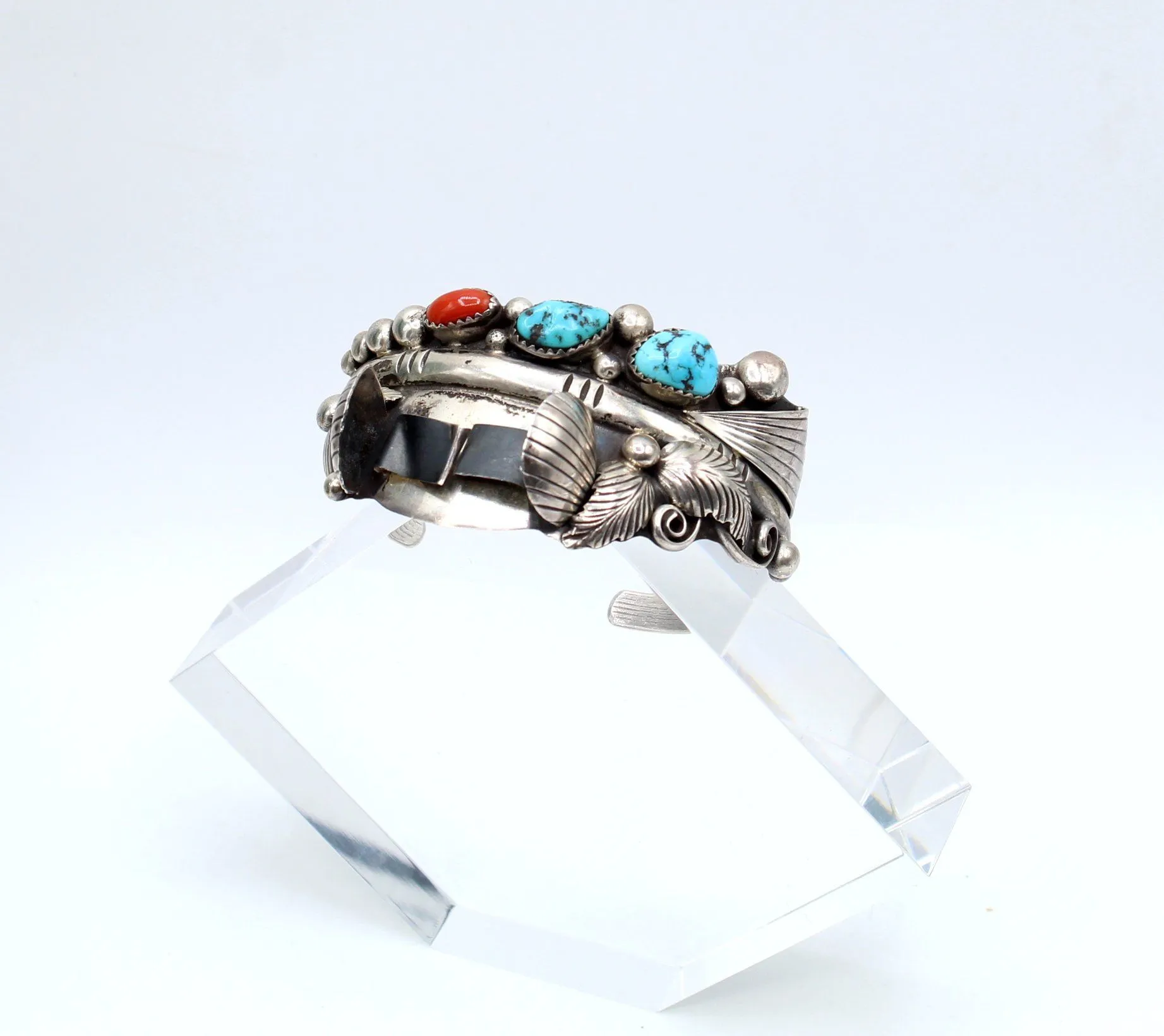 Product image for Phil Chapo sterling turquoise coral watch cuff bracelet 39.21g