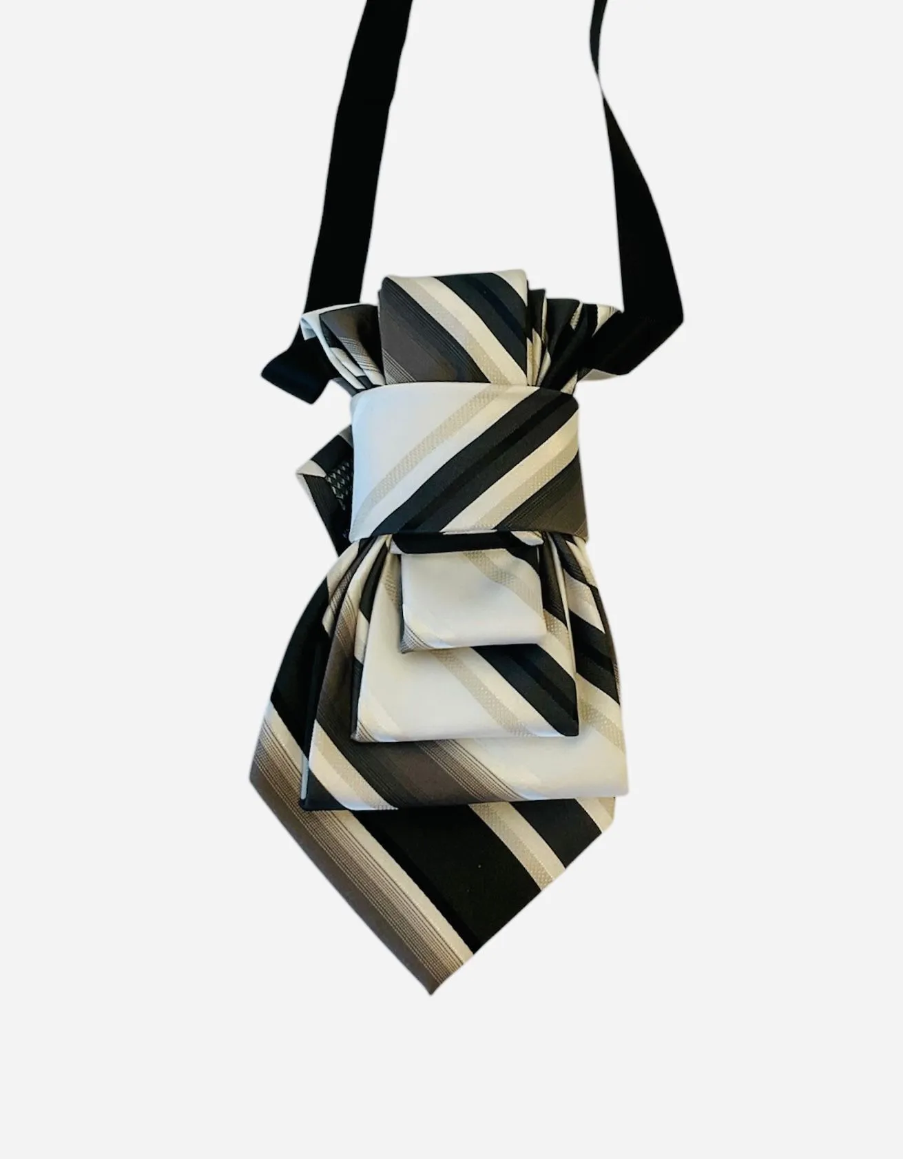 Product image for 84. Upcycled Tie Necklace Gray White Cream and Black Stripes