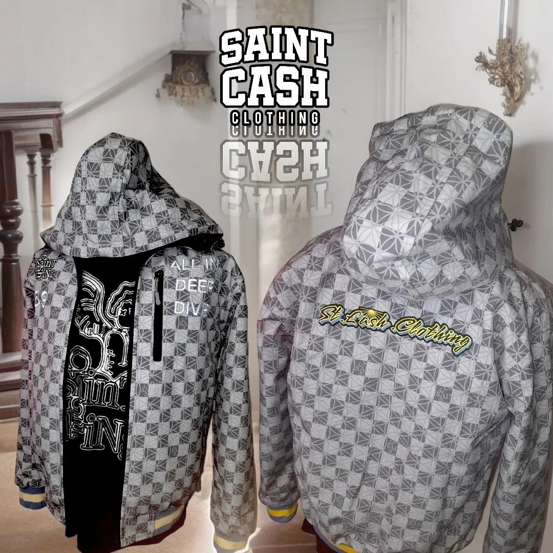 Product image for Flower of Life collection. White, Black and gray Hoodie print jacket embroidery.
