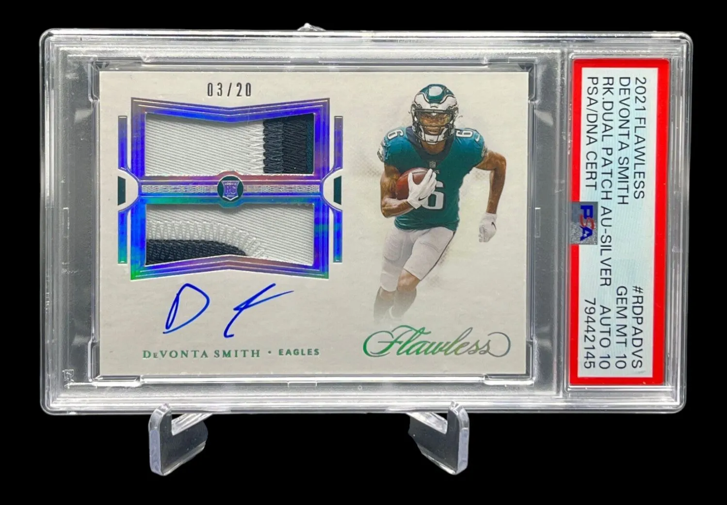 Product image for 2021 Panini Flawless DeVonta Smith Rookie Dual Patch Auto Silver /20 PSA GEM MINT 10 / AUTO 10 #RDPA-DVS