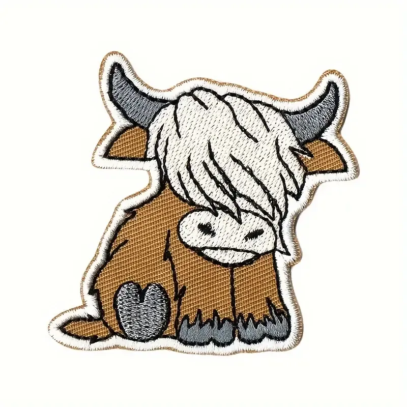 Product image for Highland Cow Patch - Embroidered Iron-On Farm Animal Patch for Jackets & Bags