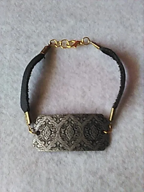 Product image for 32. Boho Bracelet Metal Plate With Designs Black Leather 1 Of A Kind Handcrafted 
