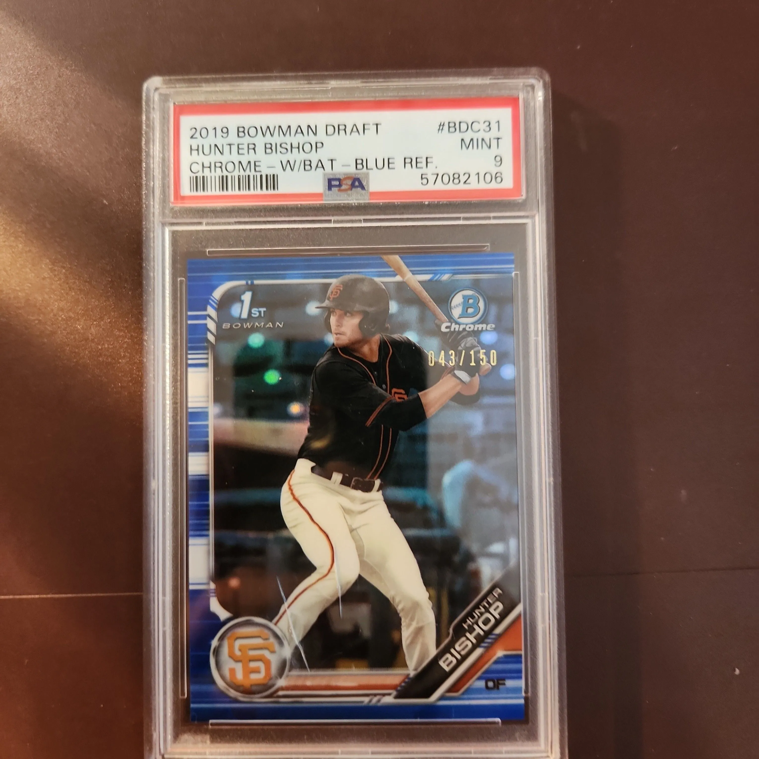 Product image for 2019 Bowman Draft Hunter Bishop BDC31 Chrome-W/Bat-Blue Ref. PSA MINT 9