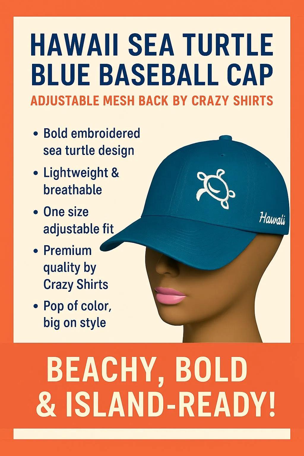 Product image for Hawaii Sea Turtle Blue Baseball Cap –Adjustable Strap Back by Crazy Shirts Beach