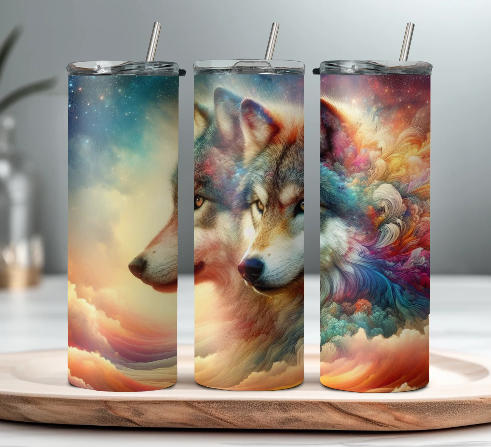 Product image for Wolves colorful 20oz stainless steel tumbler with lid and straw